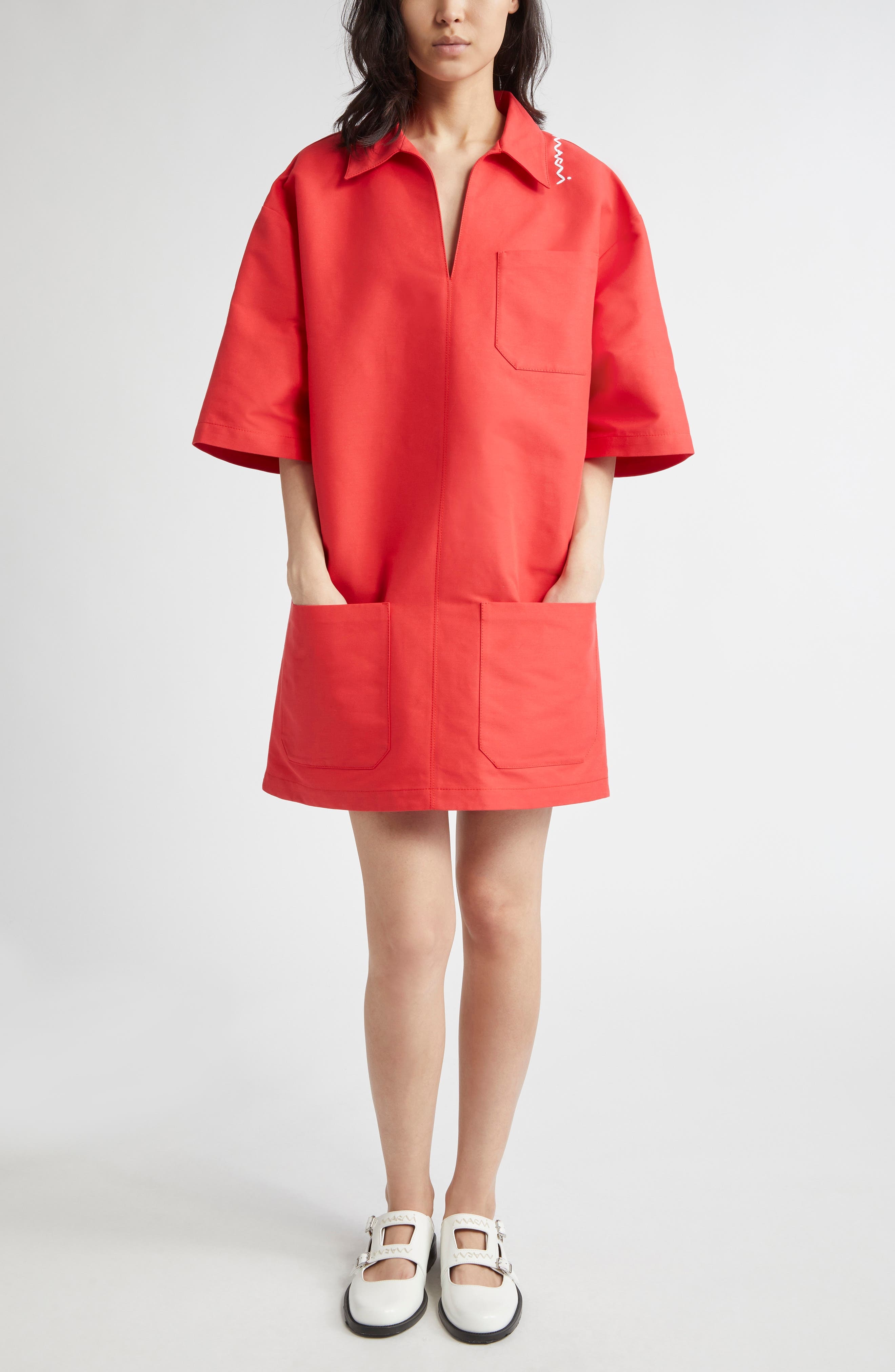 Marni Embroidered Logo Boxy Minidress in Crimson at Nordstrom - 1
