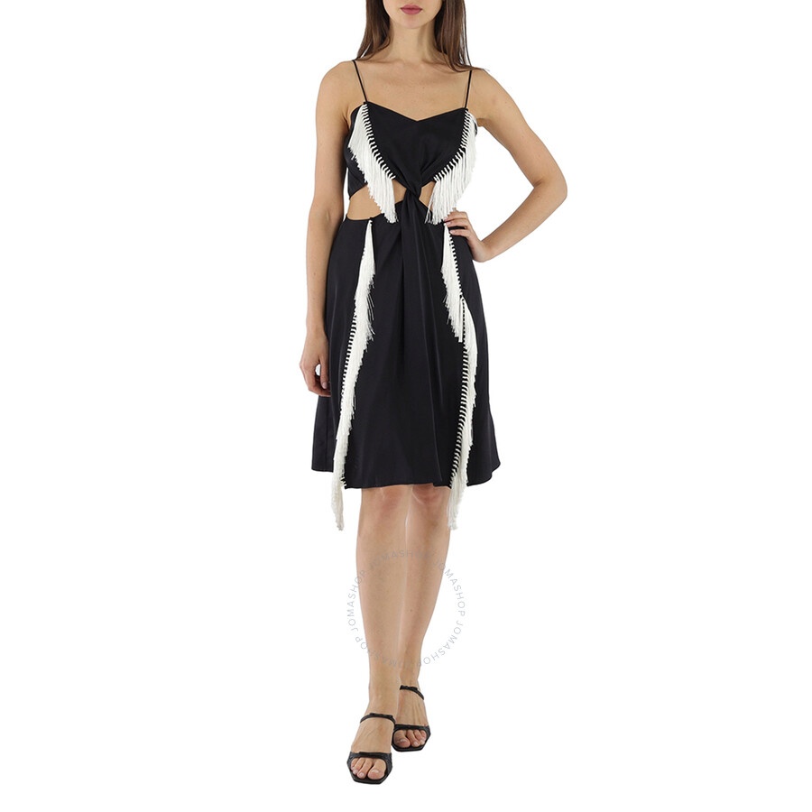 Burberry Black Silk Satin Slip Dress With Fringed Detail - 4
