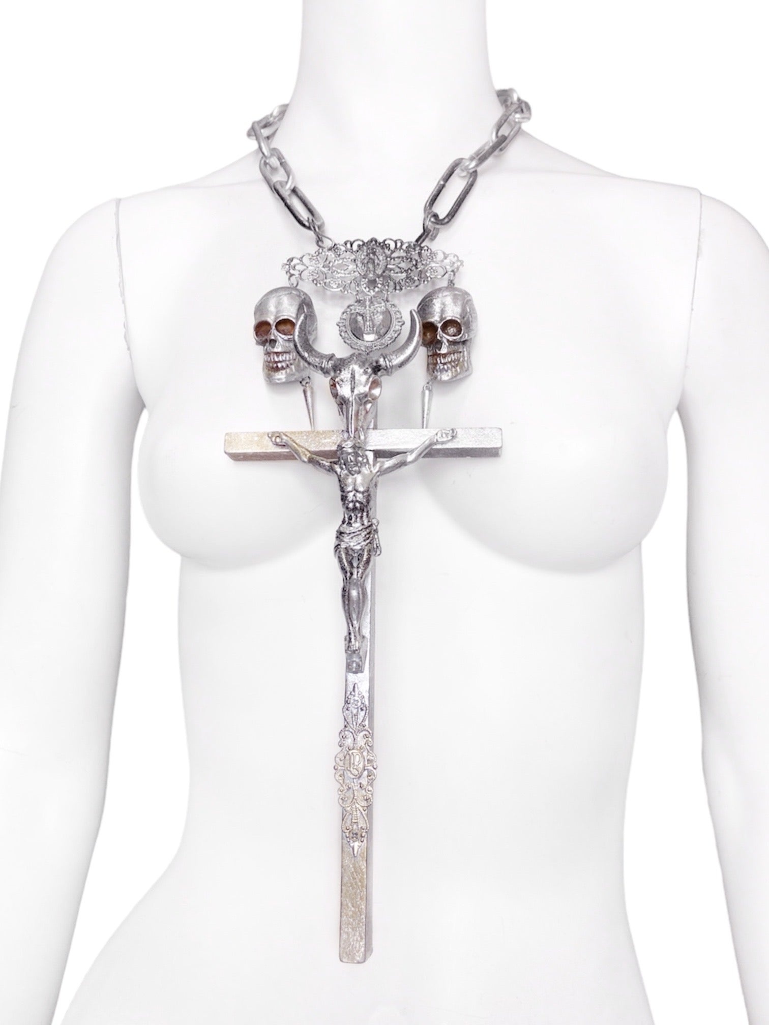 Jean Paul Gaultier 90S Sample 1/1 XXL Silver Crucifix Cross Bull Skull Spiked Chain Necklace - 2