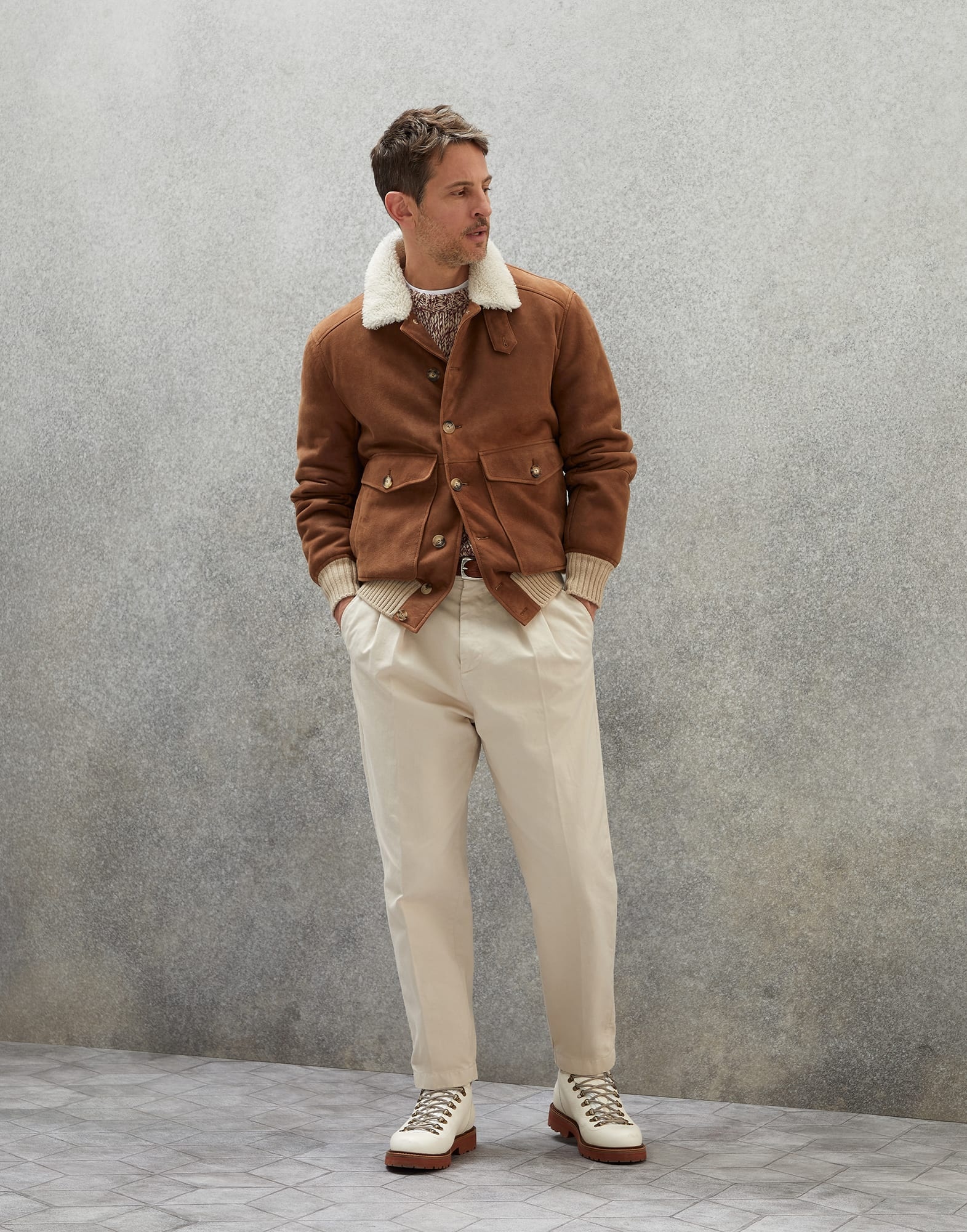 Brunello Cucinelli Textured suede shearling aviator jacket