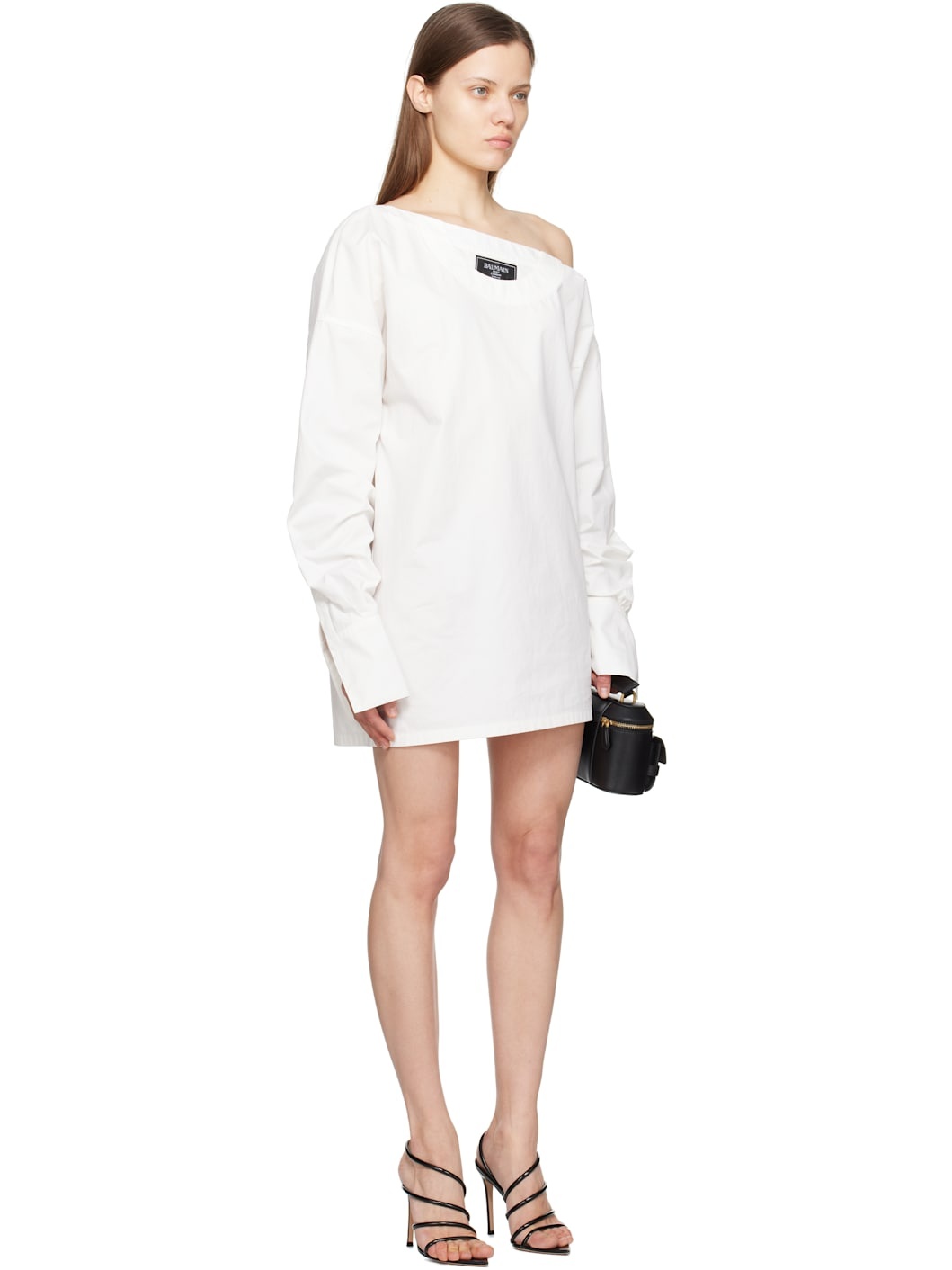 White Open Neck Asymmetric Shirt Minidress - 2
