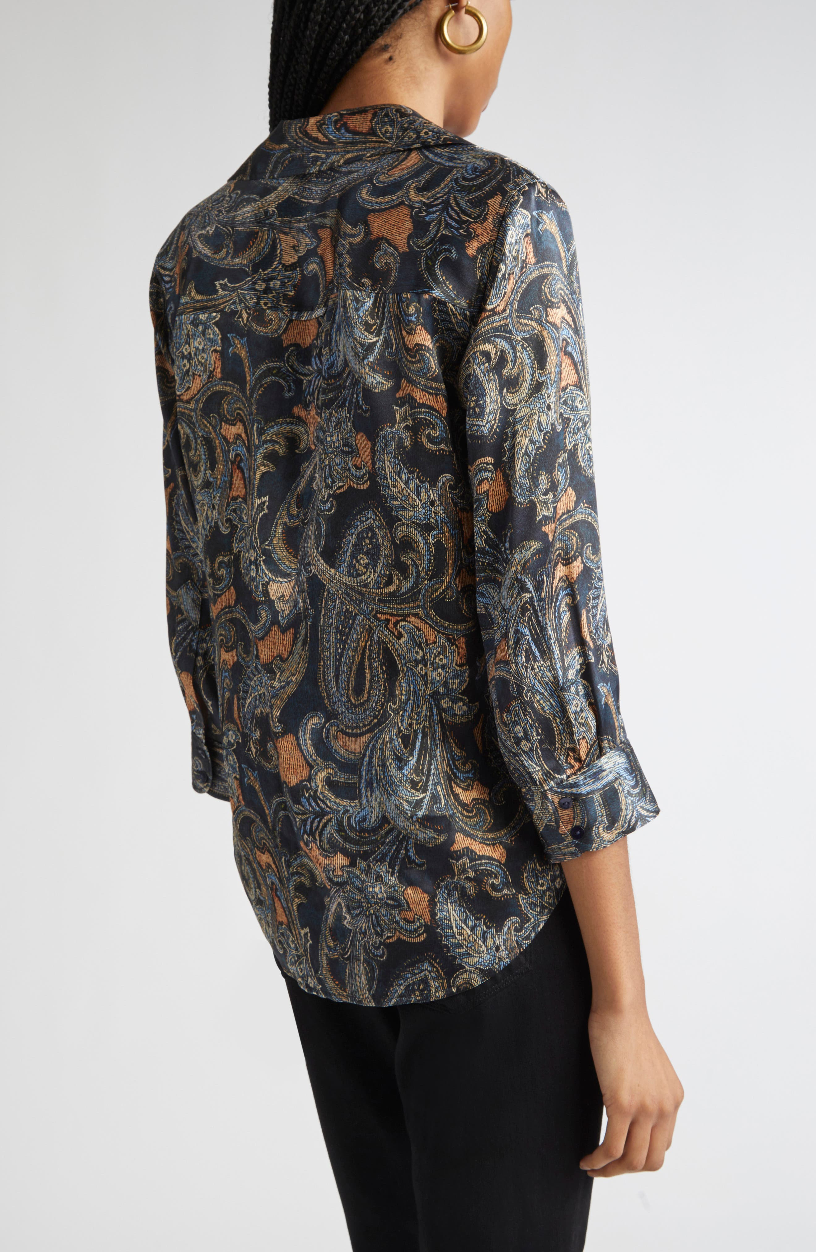 L'AGENCE Dani Print Three-Quarter Sleeve Silk Button-Up Shirt in Midnight Multi Etched Paisley at No - 3