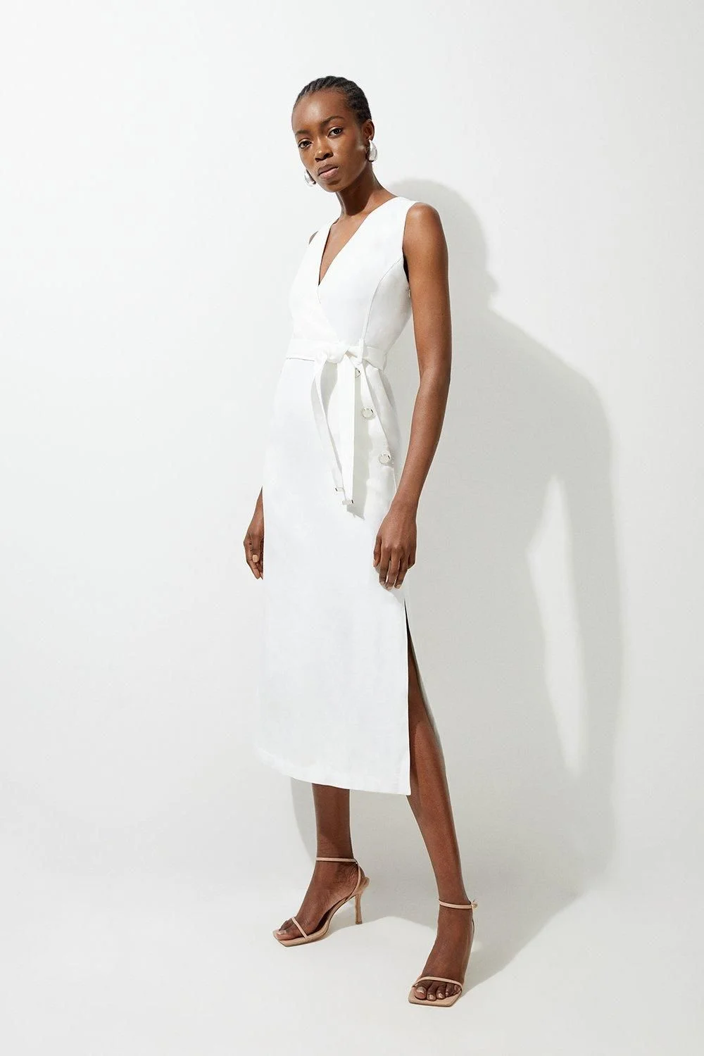 Premium Linen Tailored Button Detail Belted Midi Dress - 1