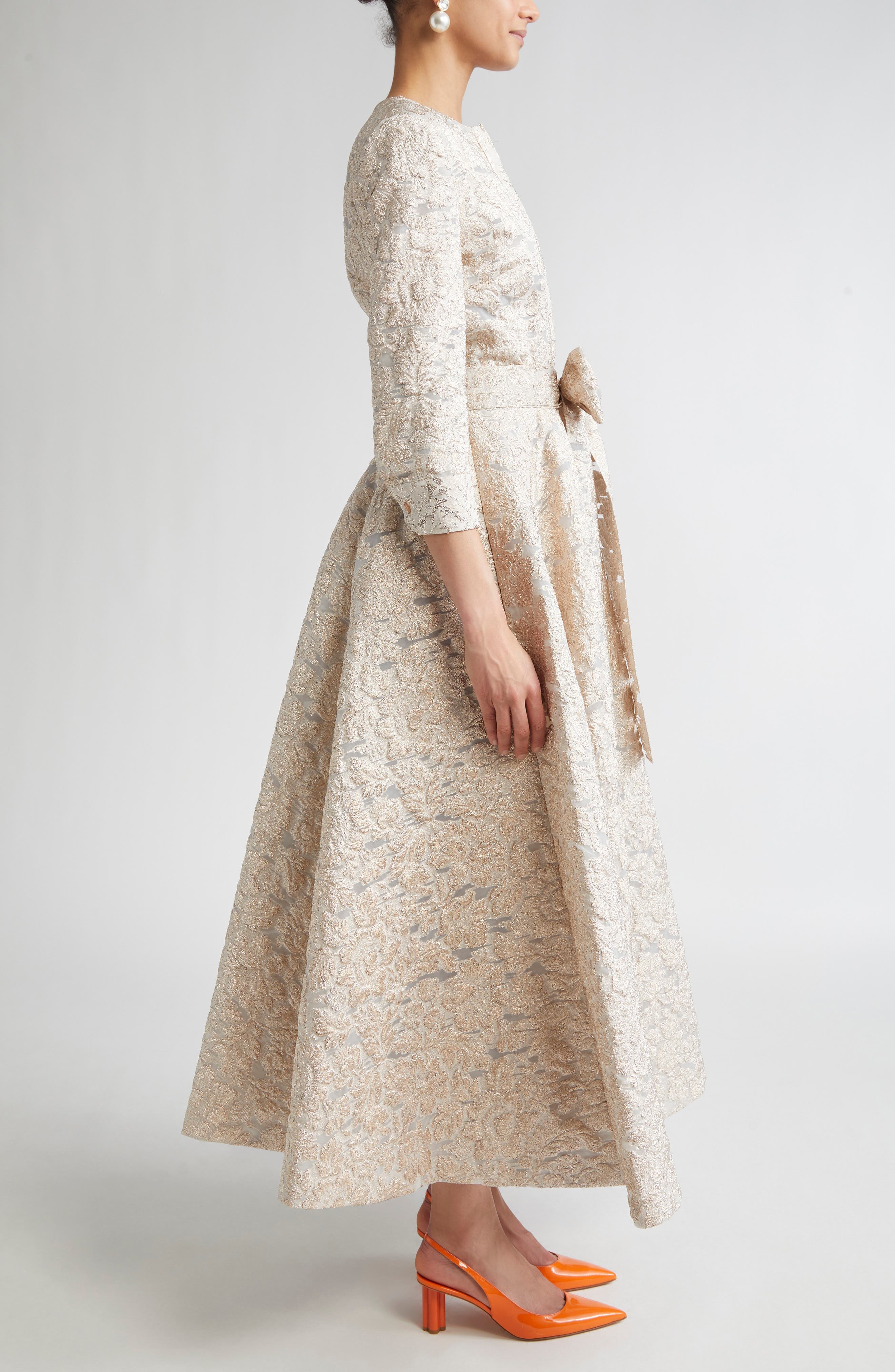 Carolina Herrera Metallic Floral Jacquard Trench Midi Dress in Gold at Nordstrom - 3