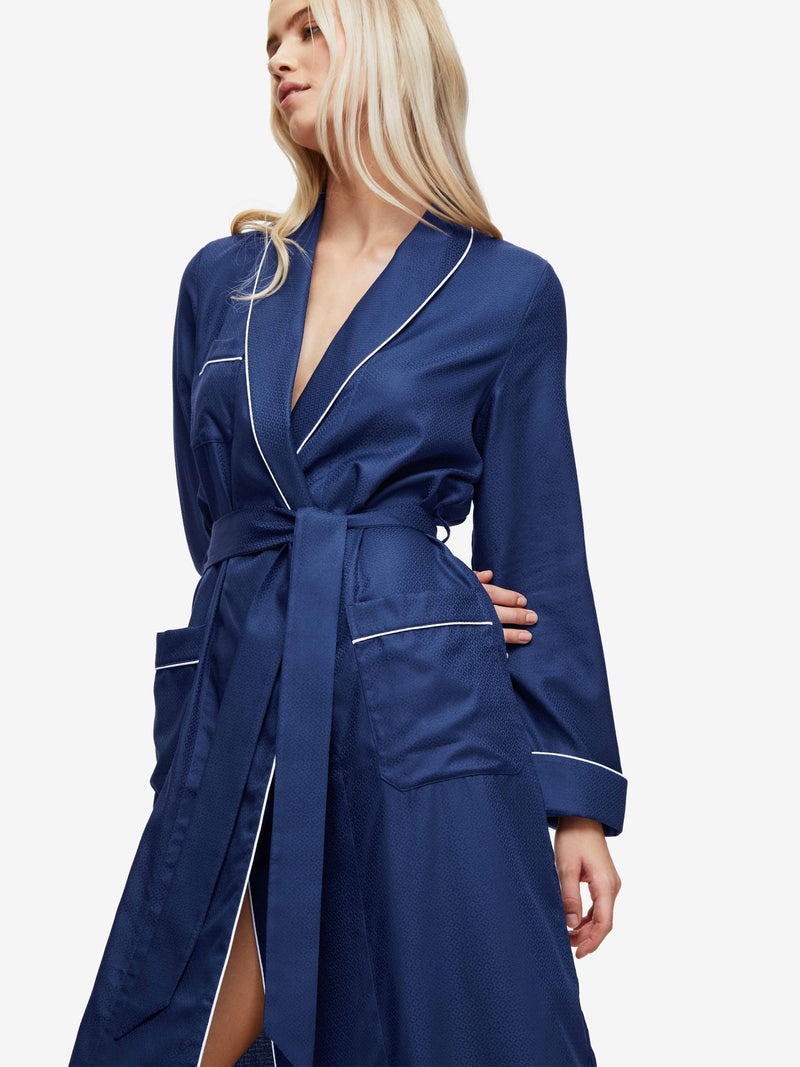Women's Long Dressing Gown Lombard 6 Cotton Jacquard Navy - 2