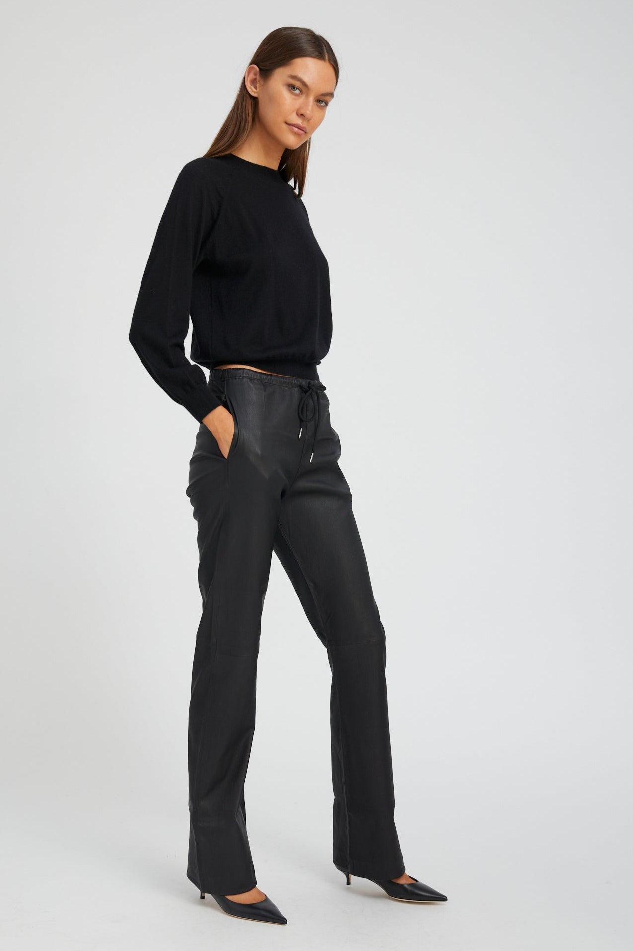 BLACK LEATHER STRAIGHT LEG PANTS - 3