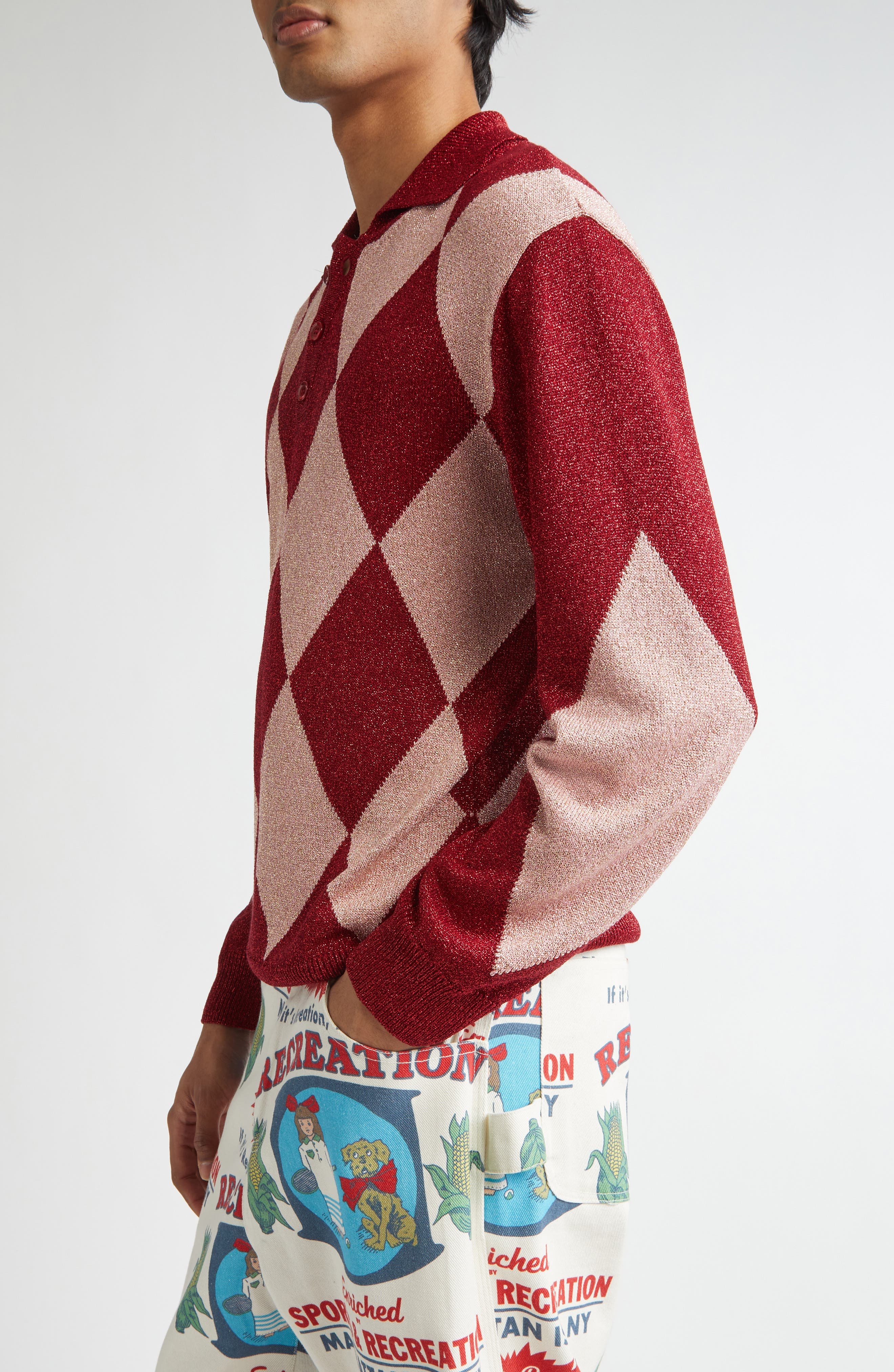 Bode Jockey Metallic Argyle Polo in Pink Multi at Nordstrom - 3