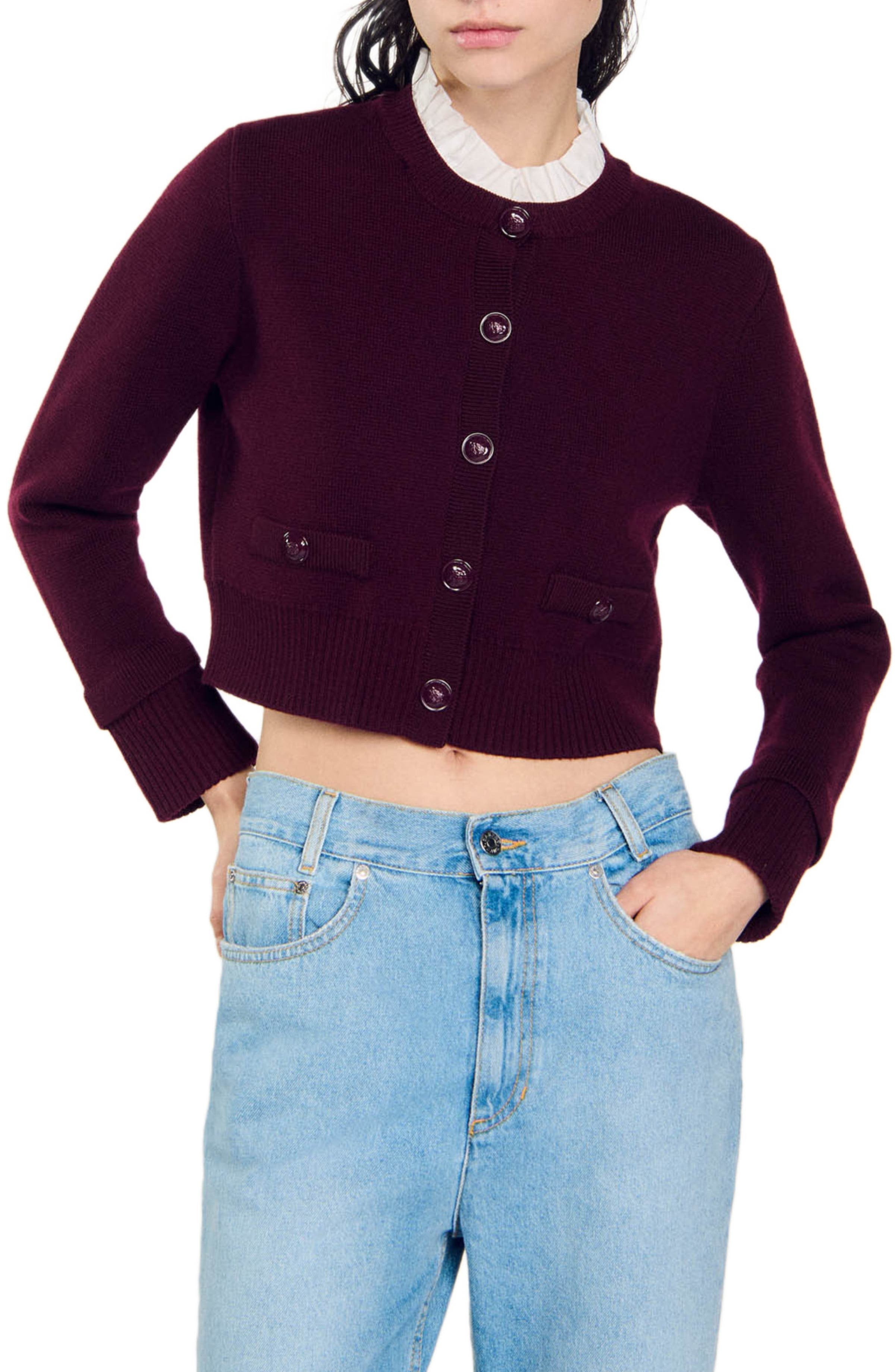 SANDRO Knit cardigan with ruffled collar in Bordeaux at Nordstrom - 1
