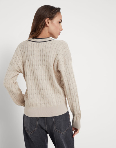 Brunello Cucinelli Cotton cable knit sweater with shiny contrast trims outlook