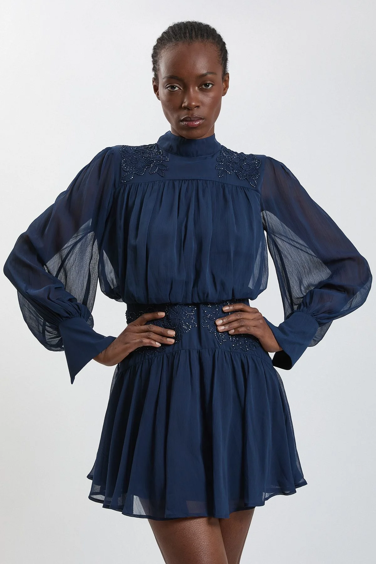 Hand Embellished Georgette Mini Dress - 1