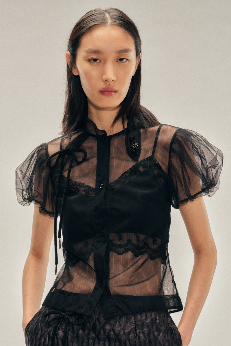 Embellished Sheer Offset Fragment Collar Puff Sleeve Shirt 1