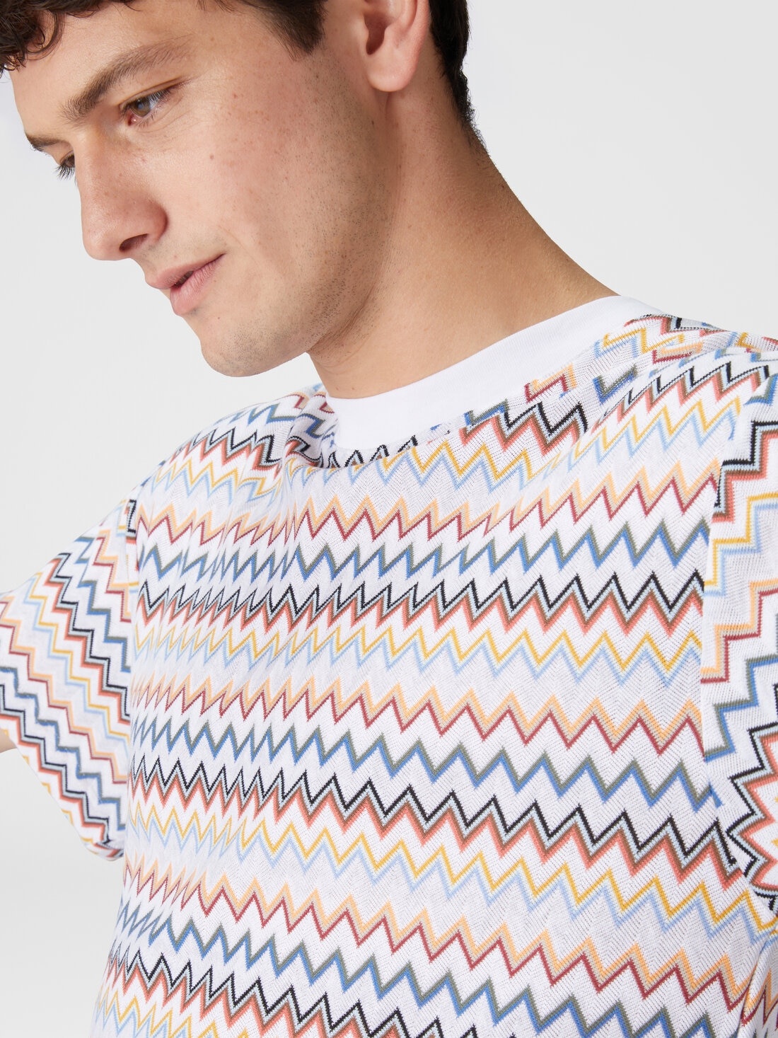 Zig zag cotton crewneck T-shirt with contrasting collar - 5