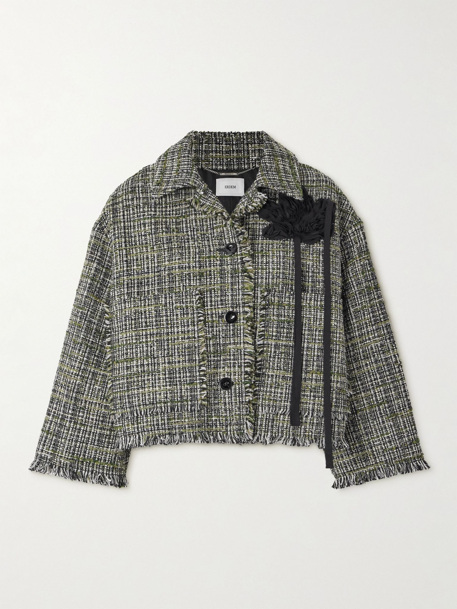 Cropped appliquéd frayed tweed jacket Gray green - 1
