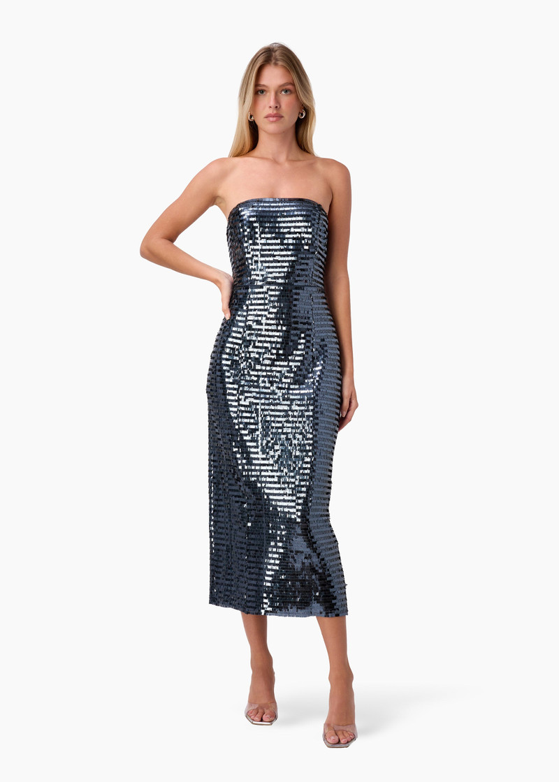 CIRCE SEQUIN MIDI STRAPLESS DRESS COAL 1
