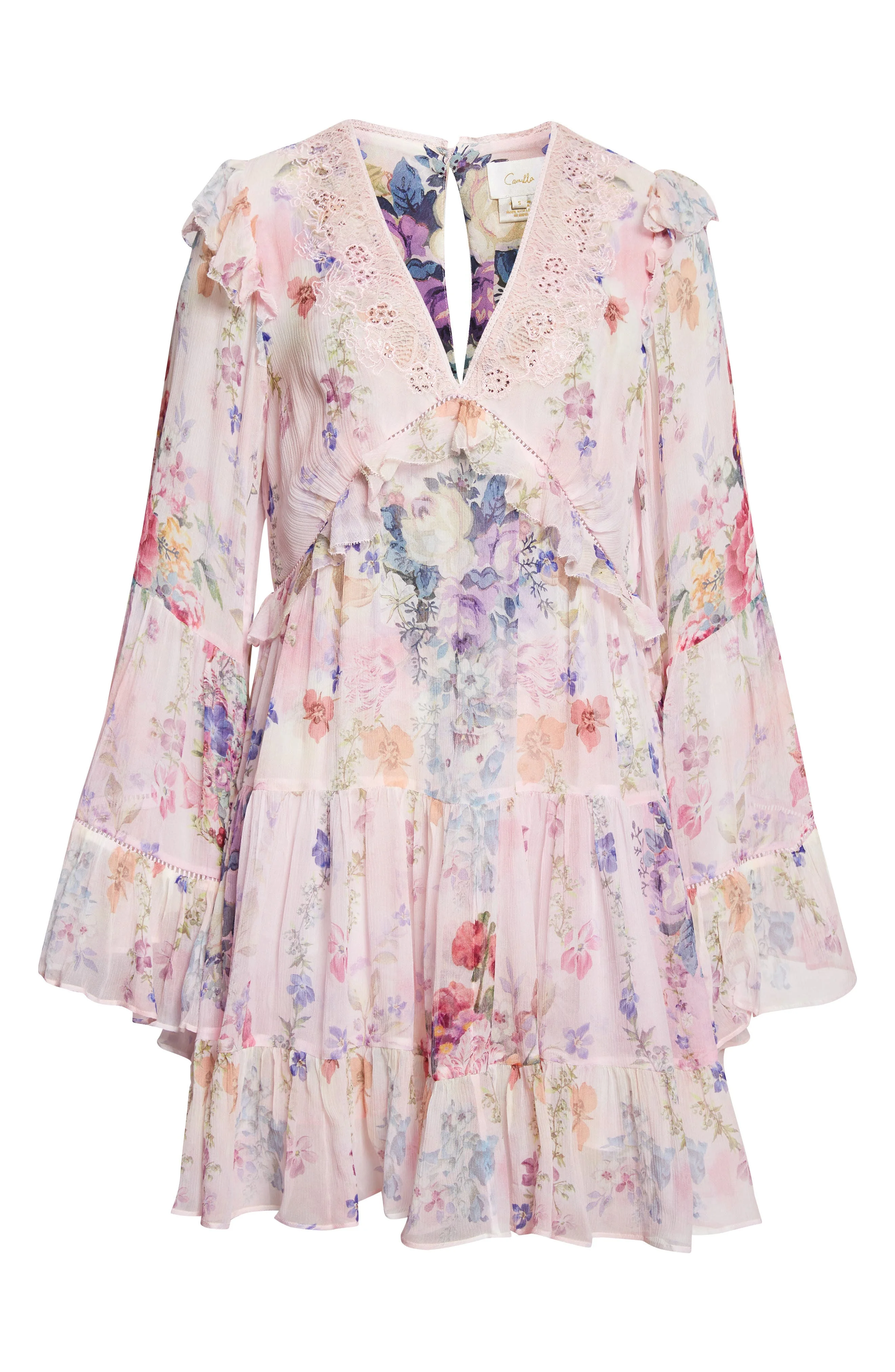Camilla Floral Long Sleeve Silk Chiffon Tiered Minidress in Palatial Pastels at Nordstrom - 1