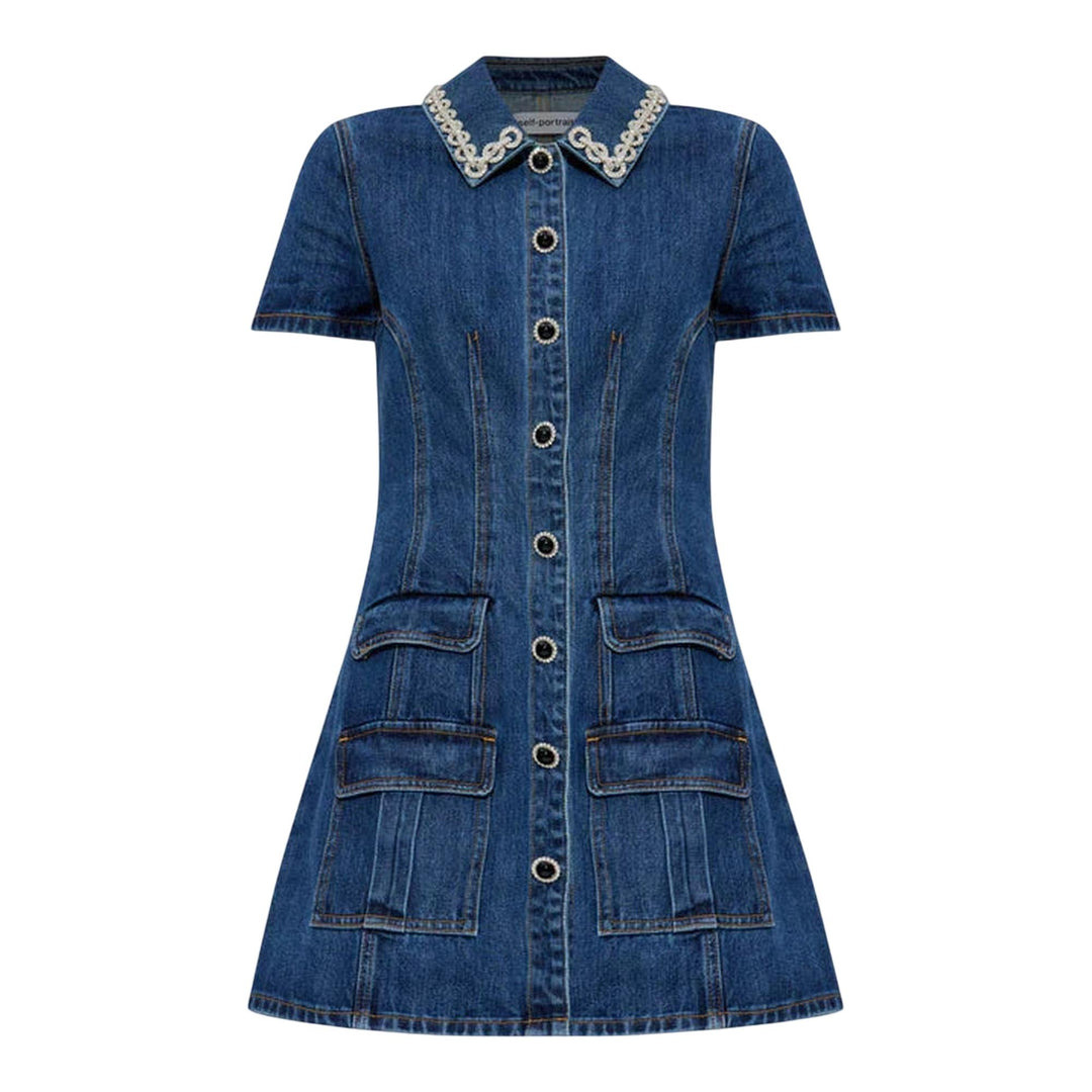 Denim Crystal Trim Collared Mini Dress - 1