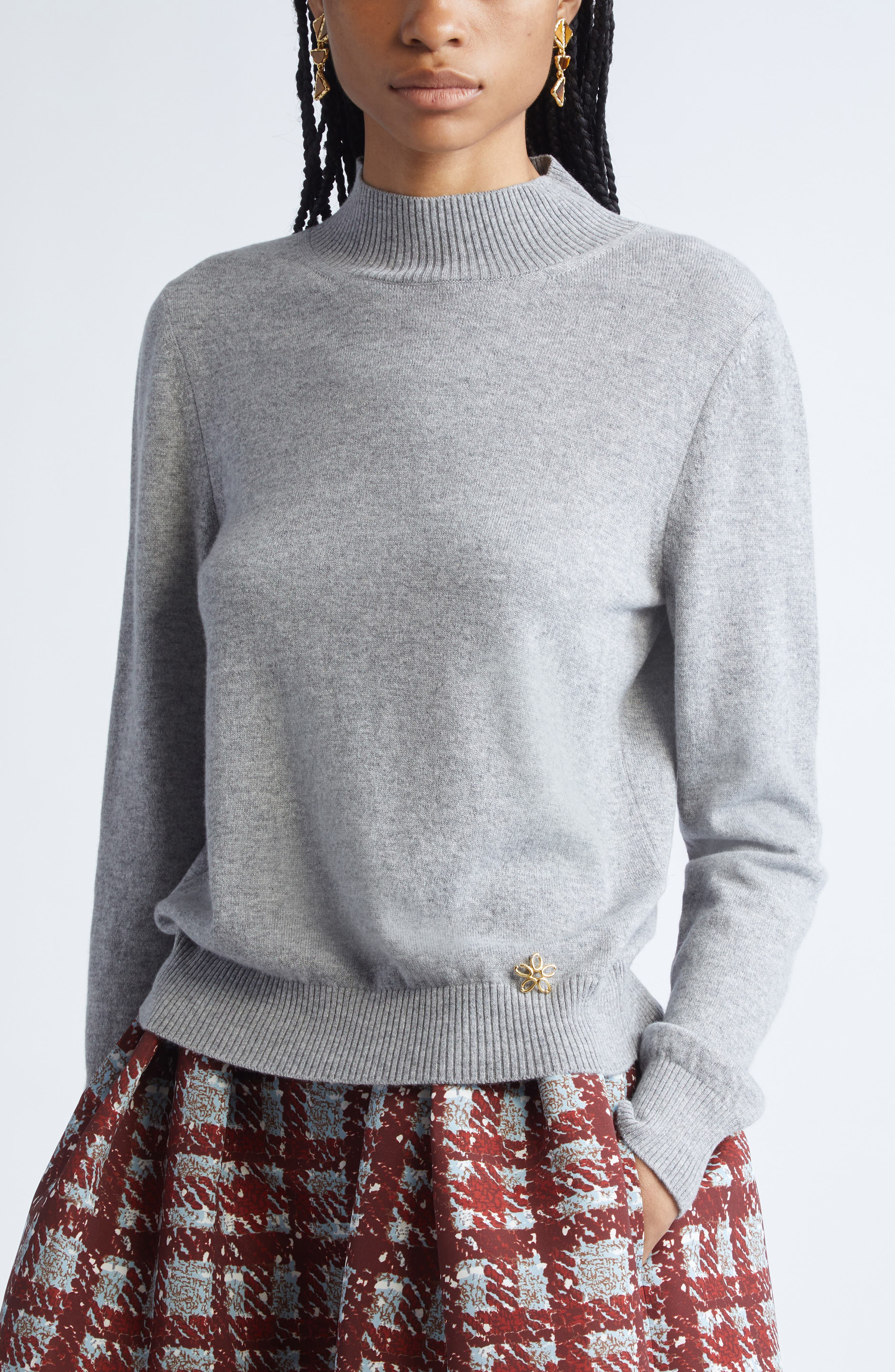 Oscar de la Renta Cashmere Sweater with Removable Scarf in Melange Grey at Nordstrom - 3