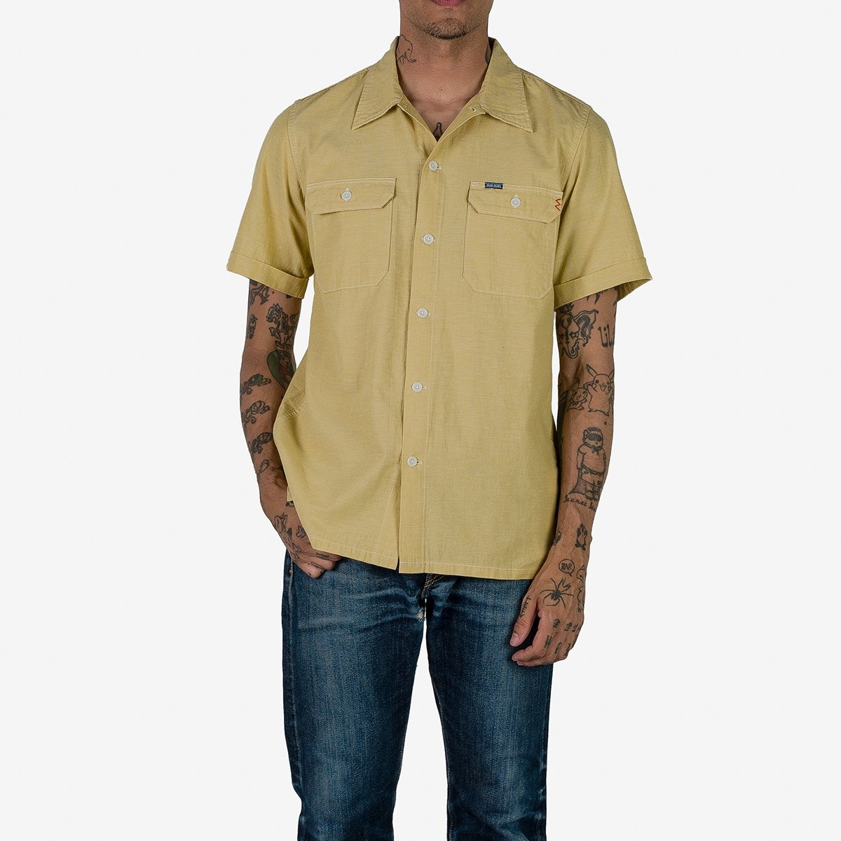 IHSH-388-YEL 4oz Selvedge Short Sleeved Summer Shirt - Yellow - 2