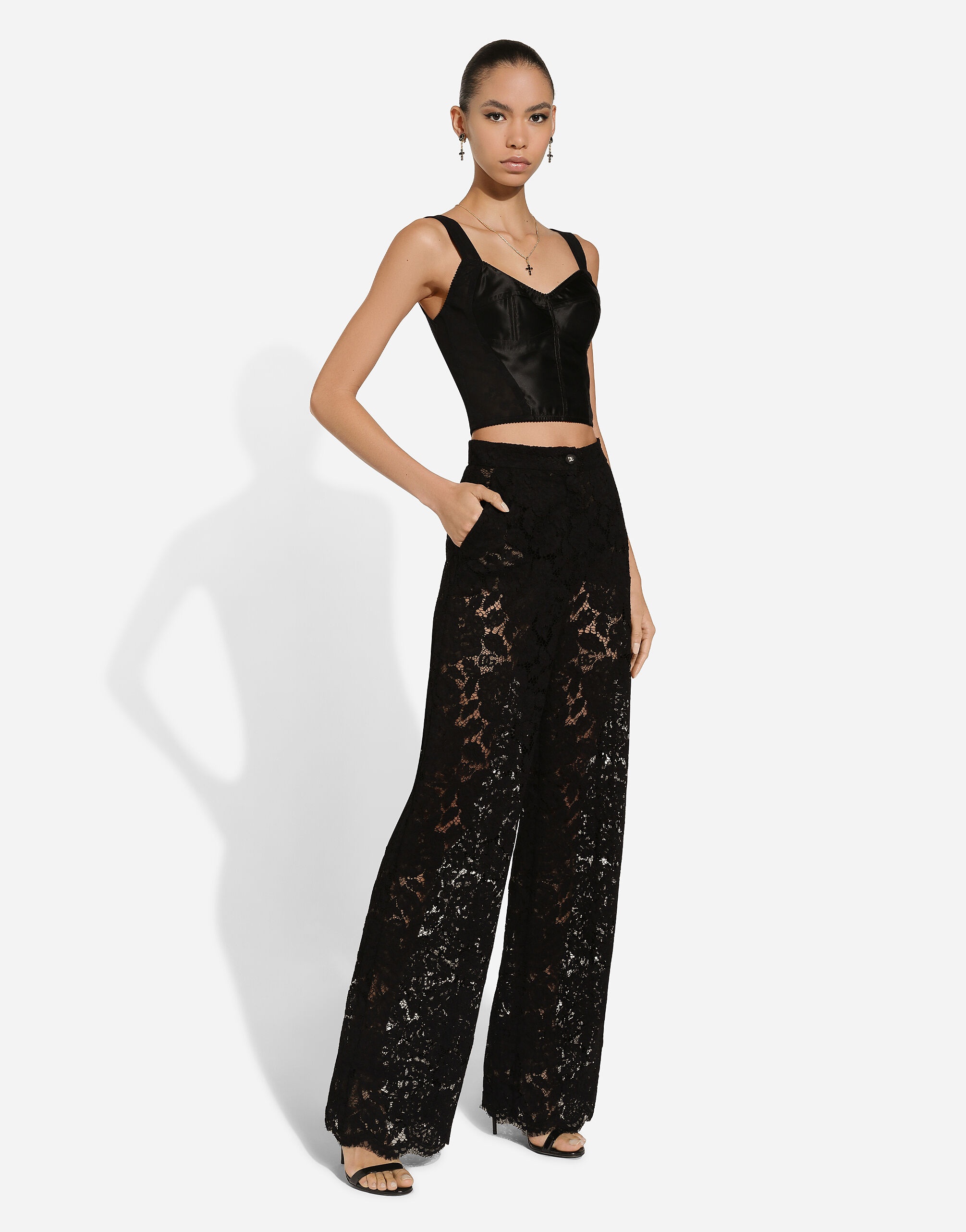 Flared floral cordonetto lace pants with DG logo - 5