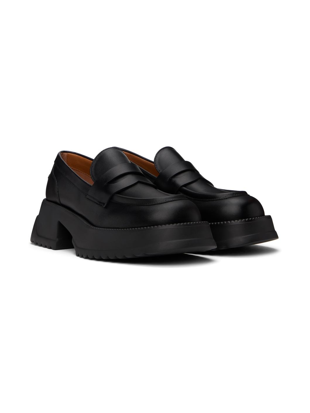 Black Leather Platform Sole Loafers - 4