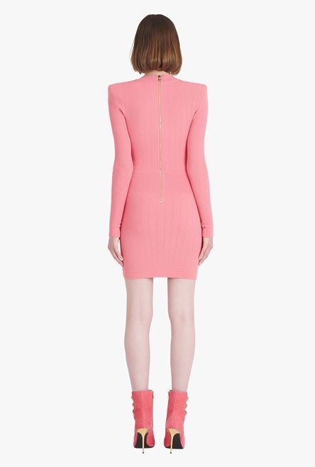 Short salmon pink eco-designed knit dress with gold-tone buttons - 3