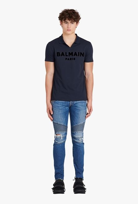 Navy blue eco-designed cotton polo with black Balmain logo print - 4