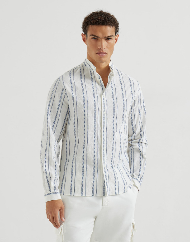 Ethnic stripe seersucker easy fit shirt with Mandarin collar 4