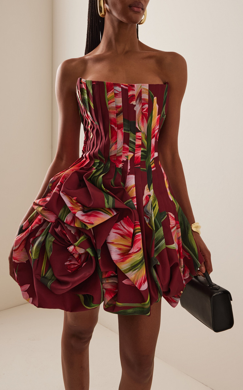 CAROLINA HERRERA Pleated Floral Mini Dress red outlook