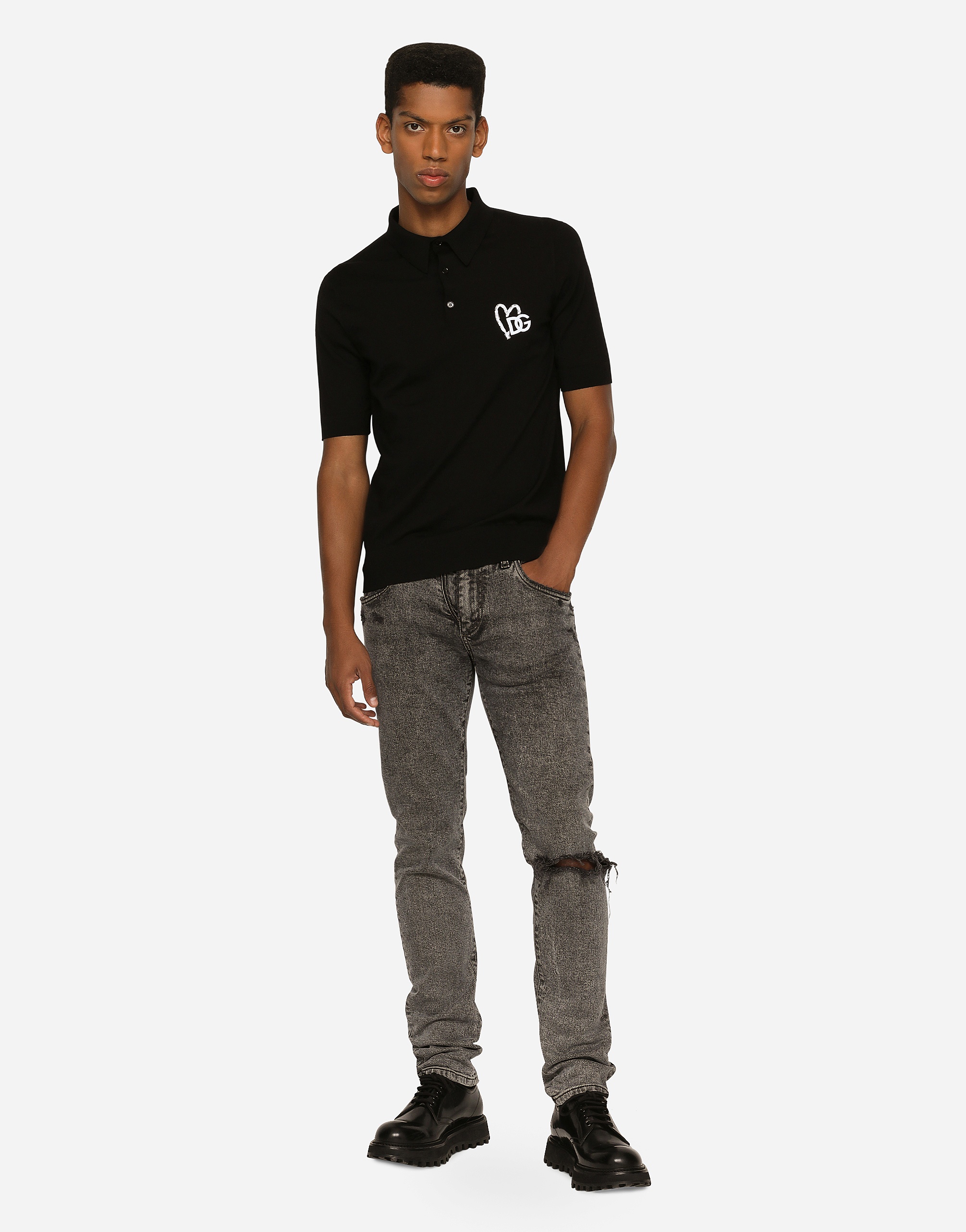 Light gray slim-fit stretch jeans with rips - 2