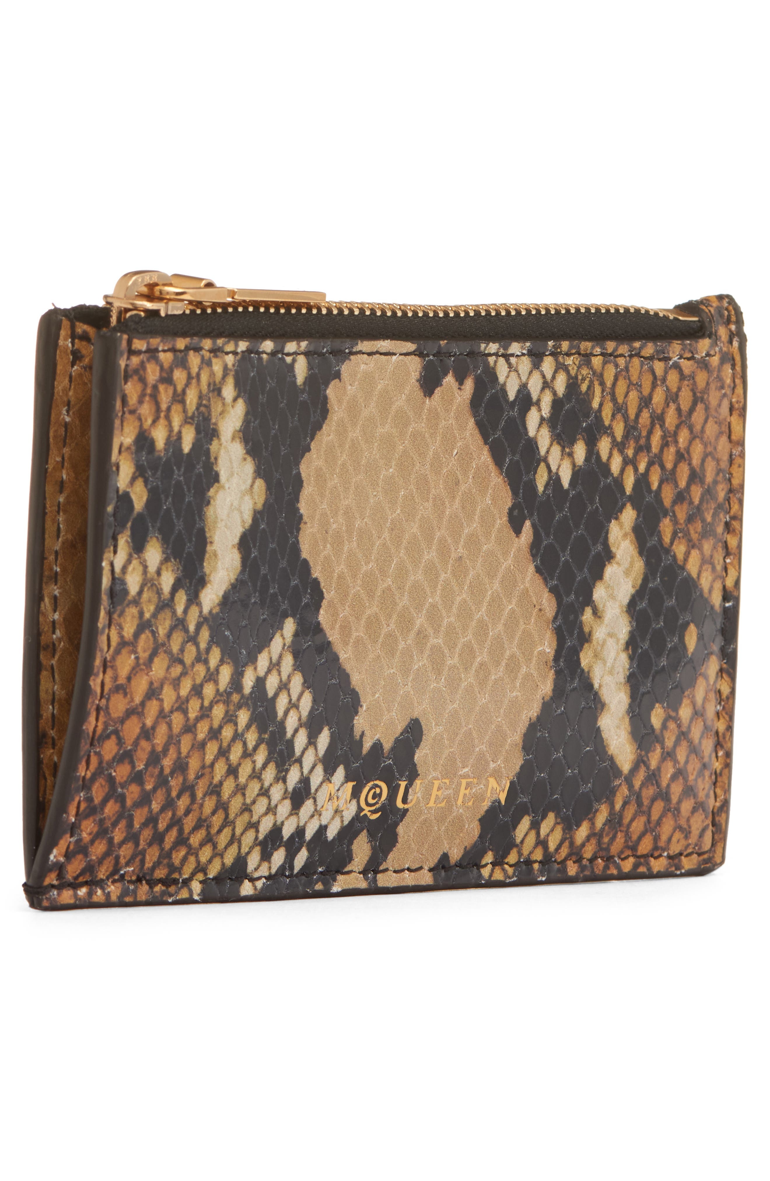 McQueen Python Print Calfskin Leather Zip Card Holder in Brown/Gold at Nordstrom - 2