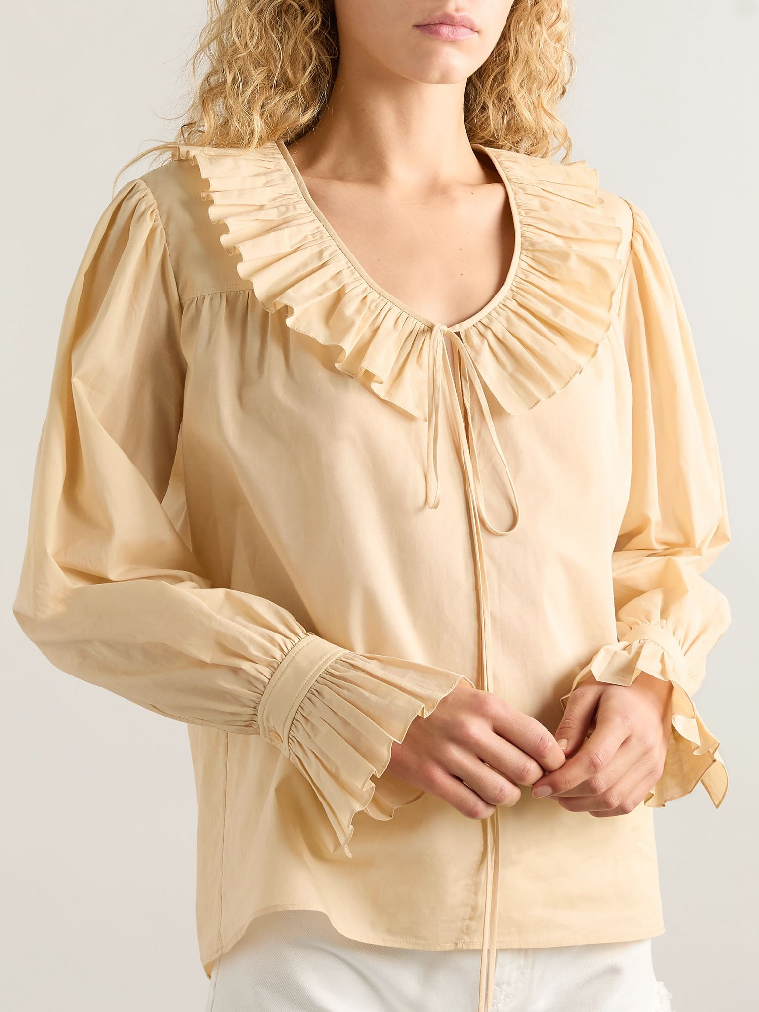 Ruffled cotton-voile blouse Beige - 3