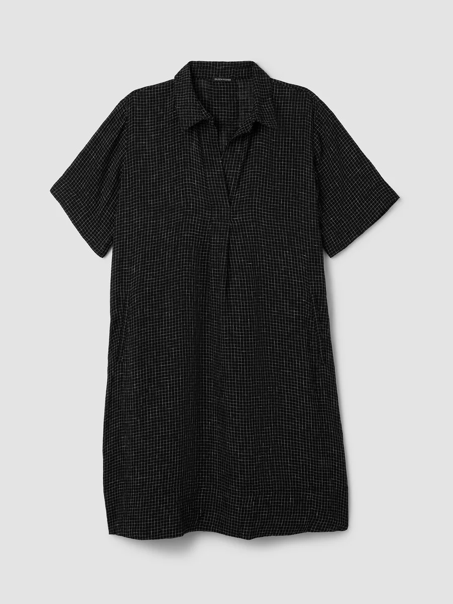 Puckered Organic Linen Grid Classic Collar Dress - 1