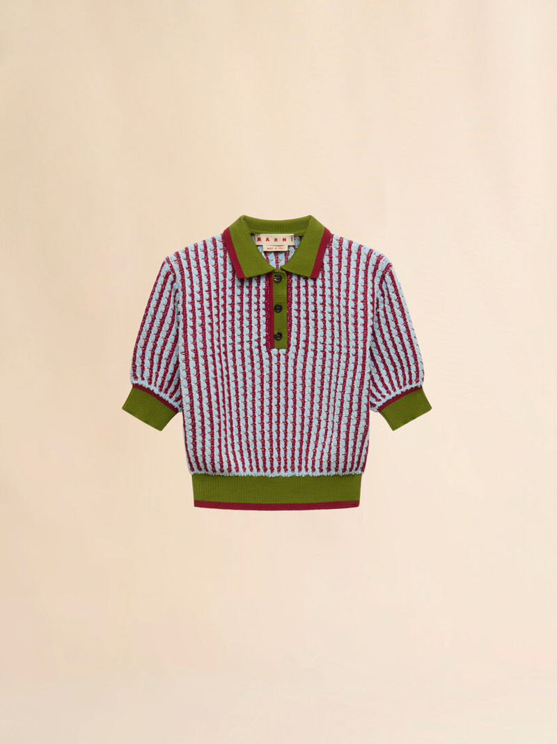 BLUE AND BURGUNDY BOUCLÉ TWEED-EFFECT POLO SHIRT 1