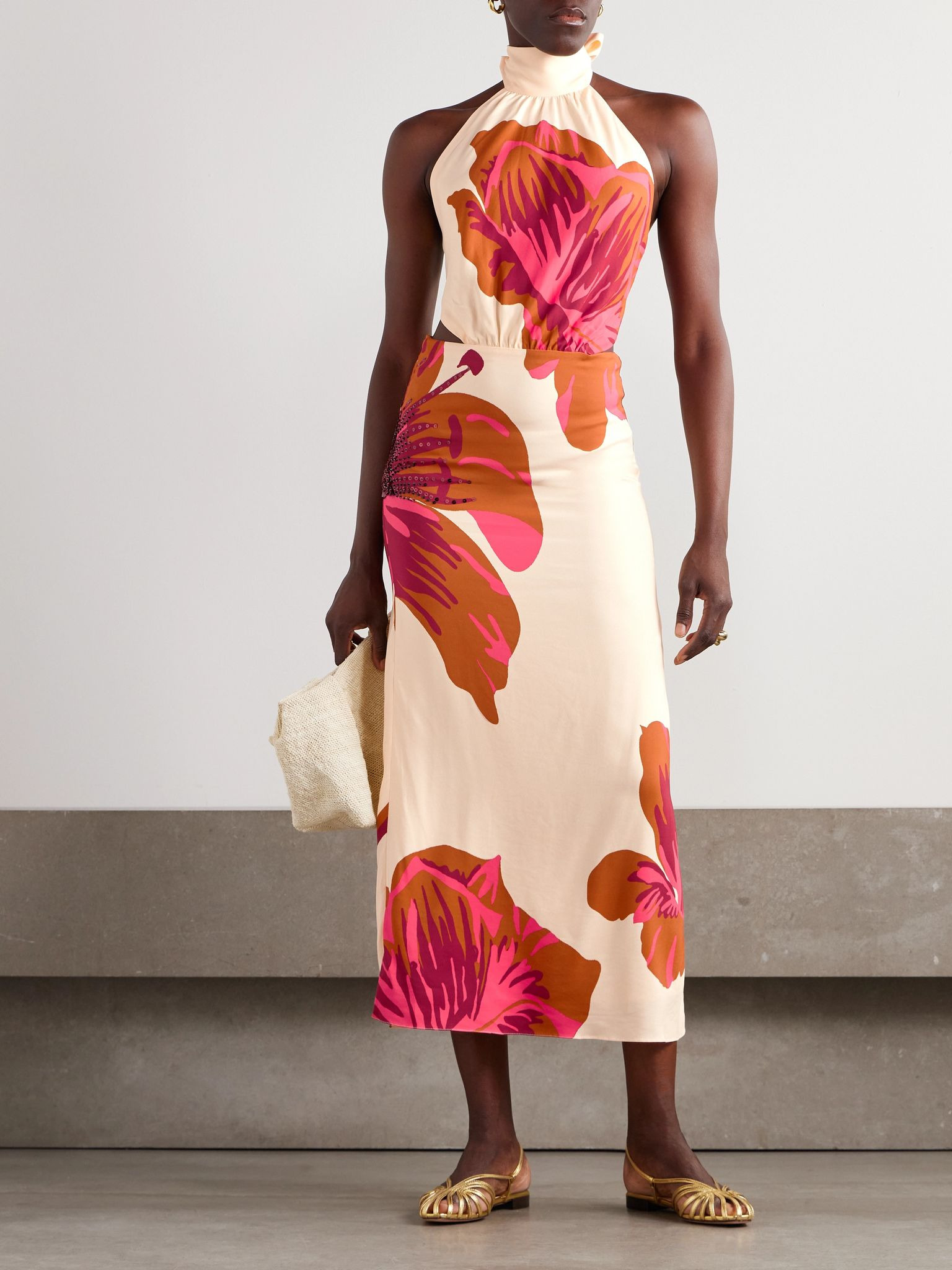 Best Of Times embellished printed crepe halterneck midi dress Ecru - 2