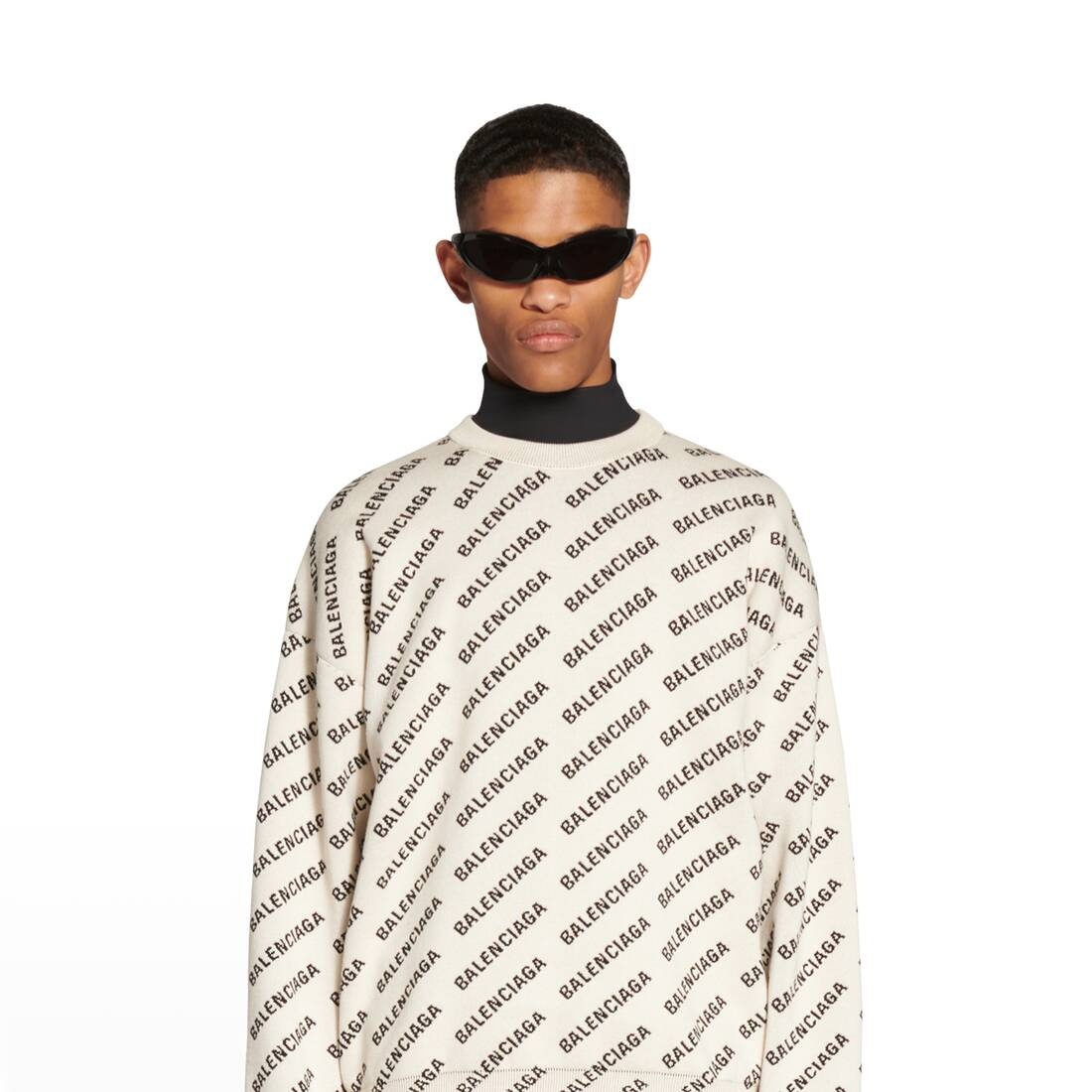 BALENCIAGA Men's Mini Allover Logo Sweater in Off White | REVERSIBLE