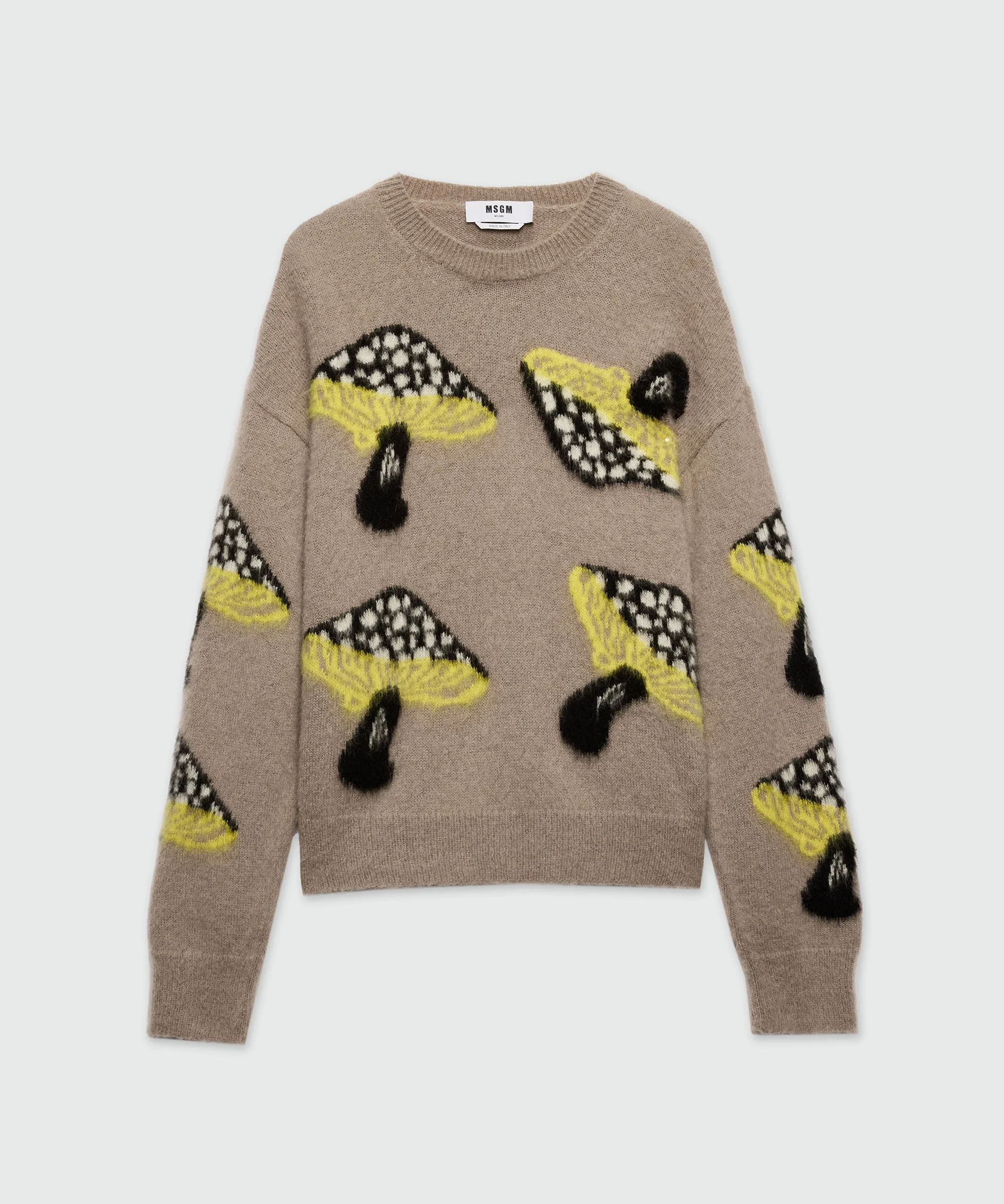 Gray brushed mohair sweater with "Fantastic Mushroom" jacquard pattern - 1