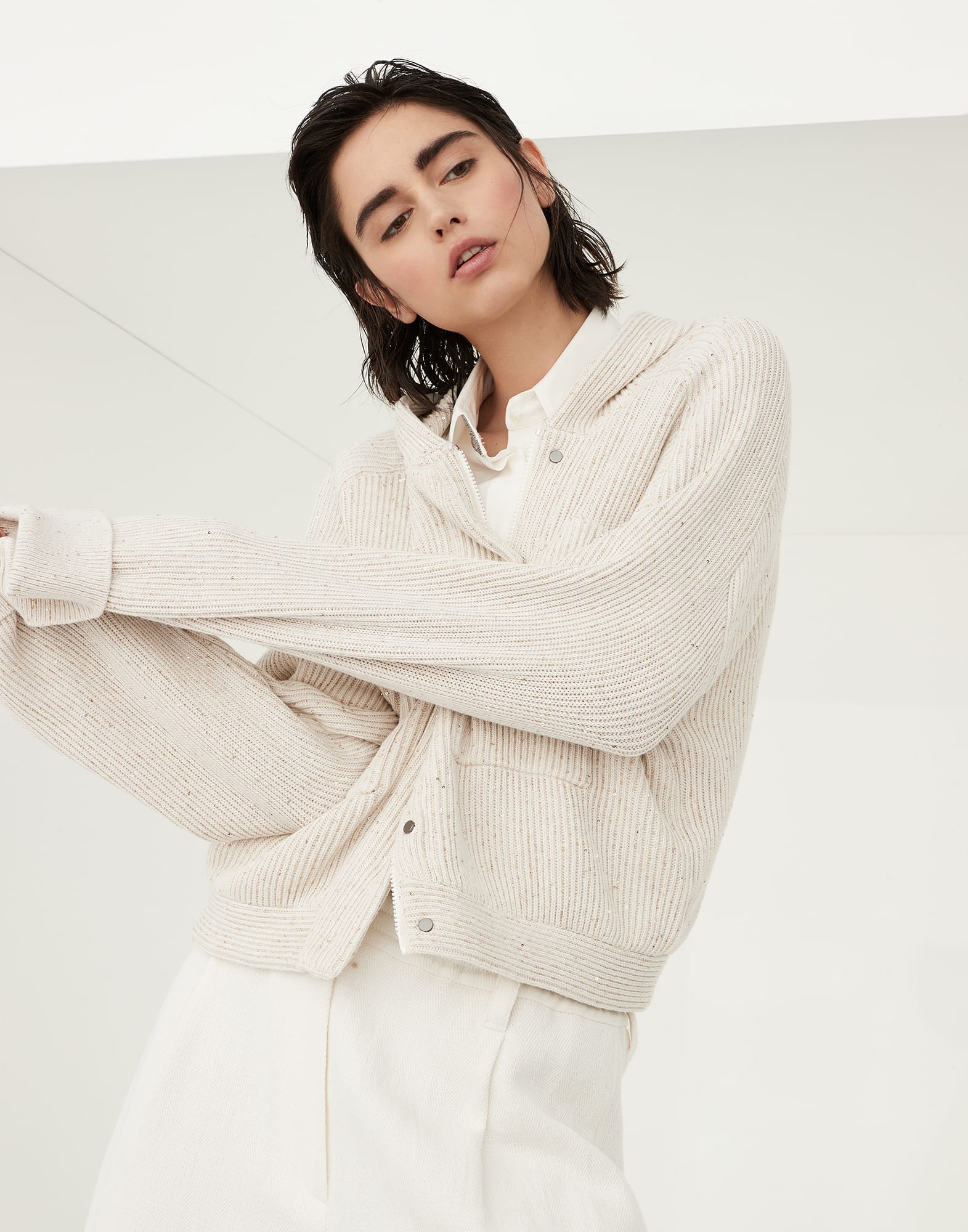Cotton diamond yarn English rib hooded cardigan with shiny tab - 4