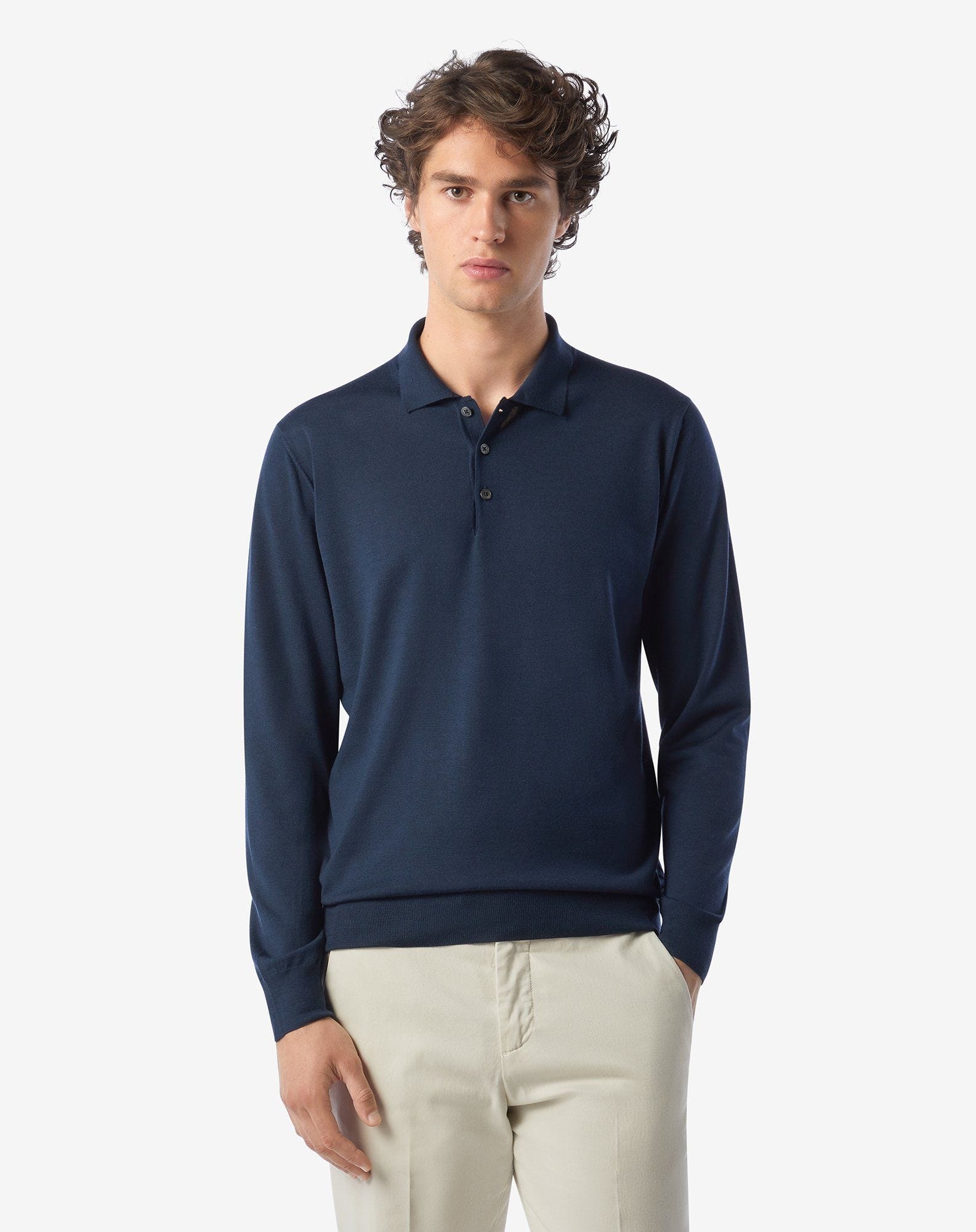 Blue 120's extra-fine wool button-up polo - 2