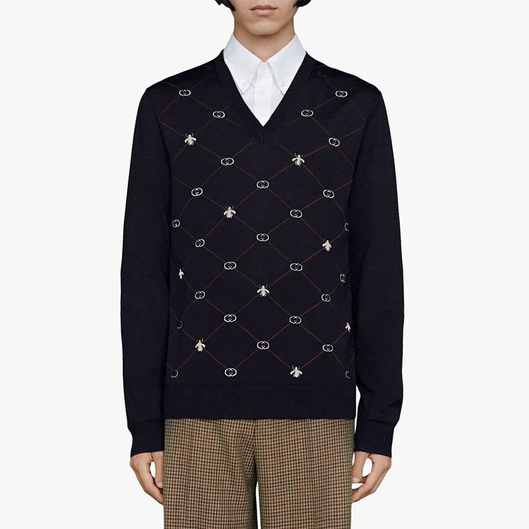 Gucci Jacquard-Motif V-neck Jumper 'Blue' 597739-XKA4I-4206 - 3