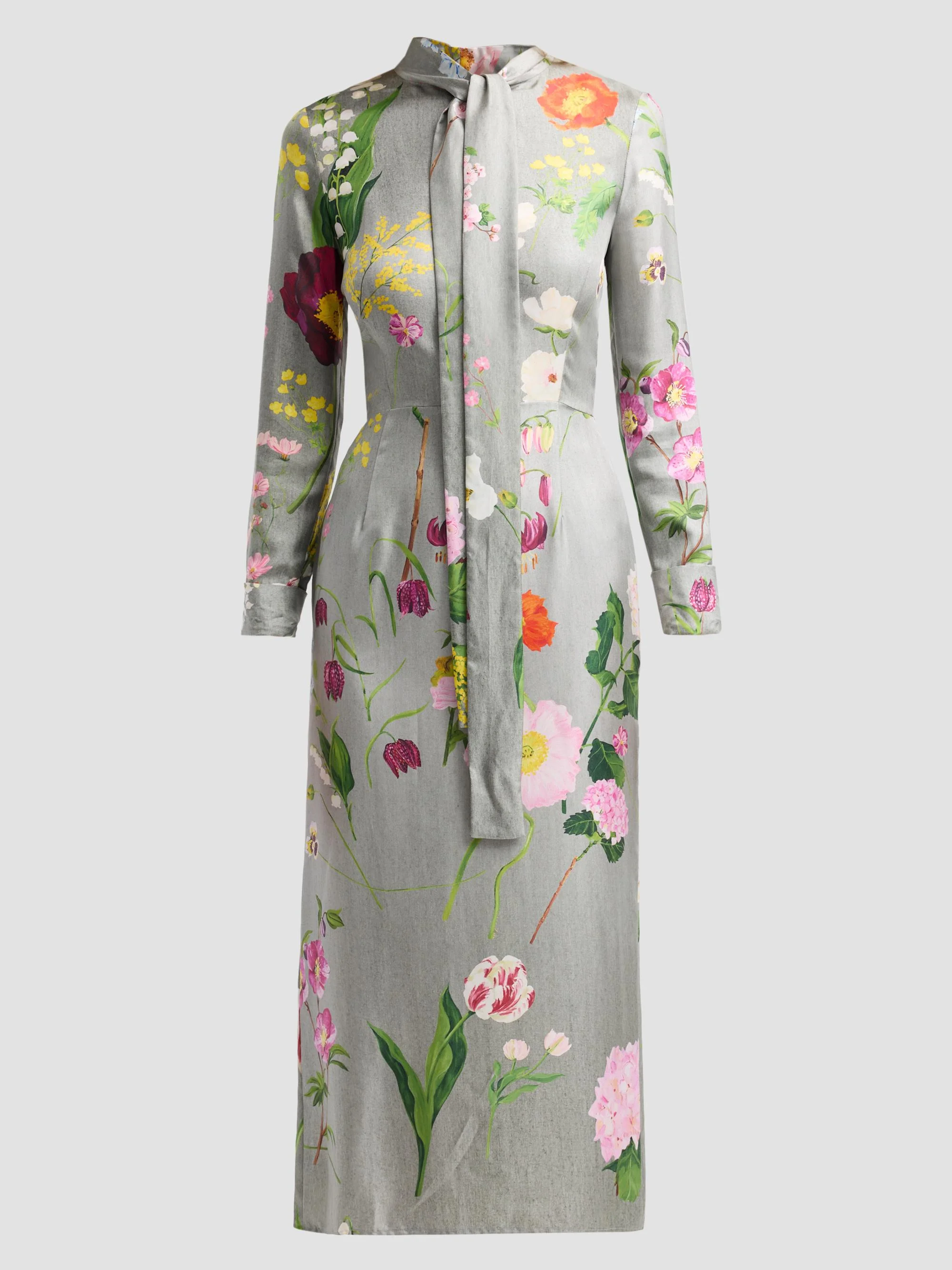 Women's Mixed Botanical Silk Long-Sleeve Midi Dress - Grey Multi - 1