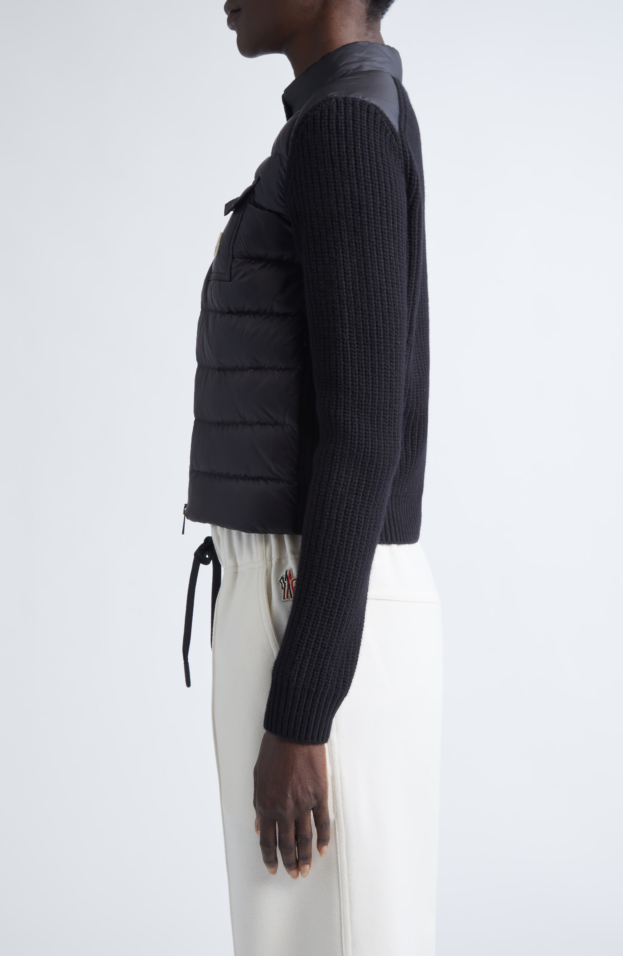 Moncler Purl Stitch Wool & Cashmere & Quilted Down Puffer Cardigan in Black at Nordstrom - 3