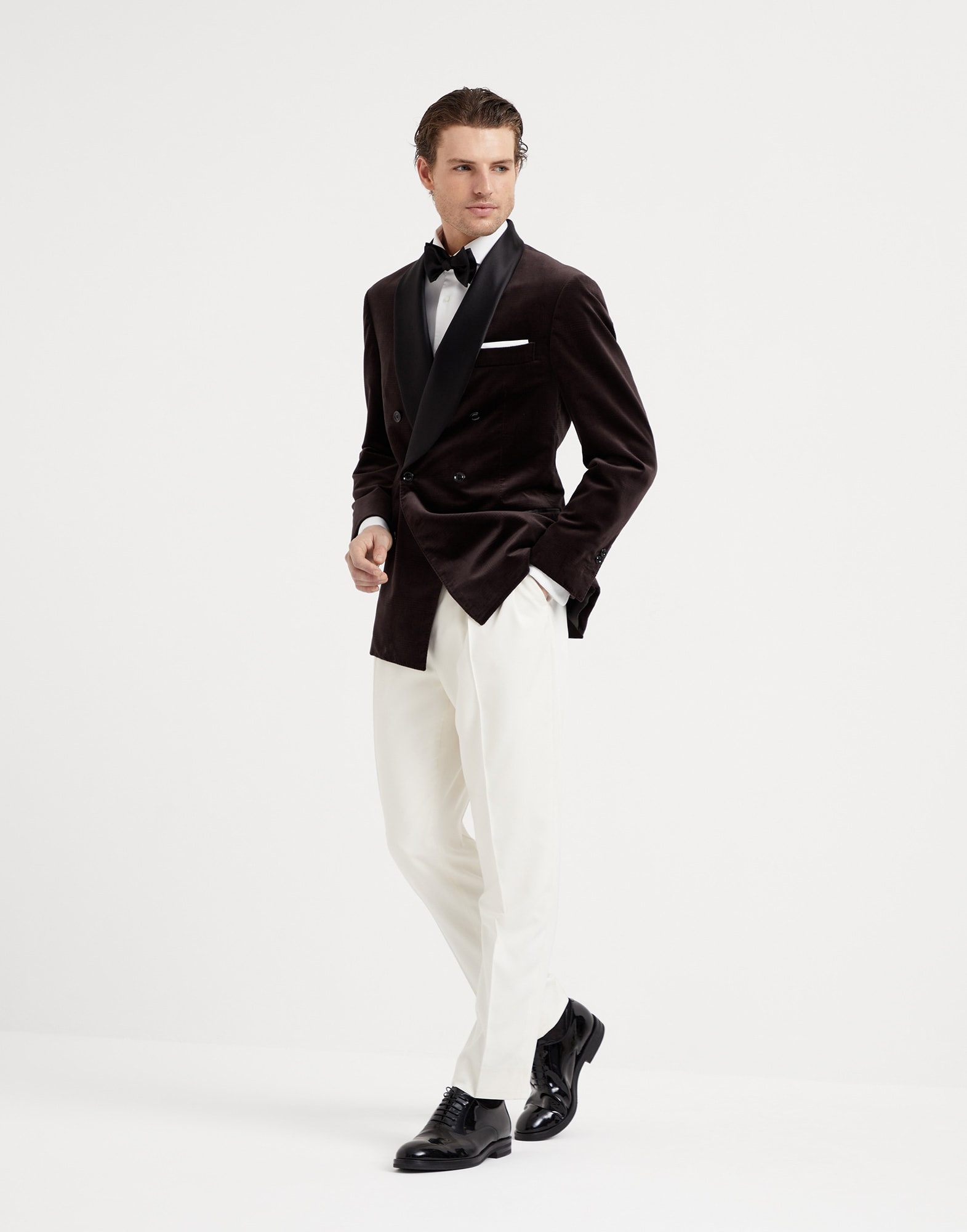 Cotton Prince of Wales velvet one-and-a-half breasted tuxedo jacket with shawl lapels - 5