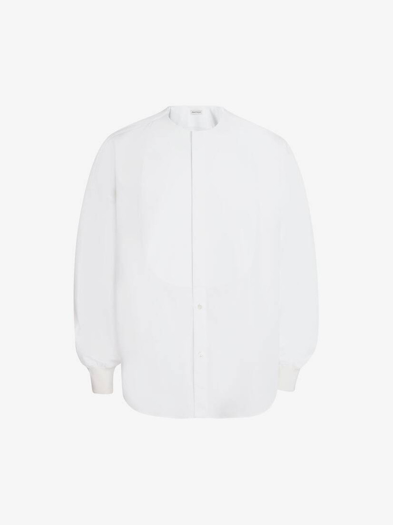 Collarless Tuxedo Poplin Shirt in White 1