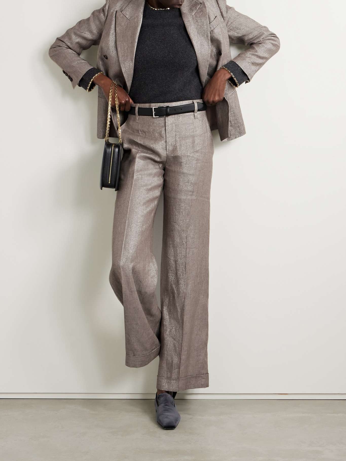 Metallic linen-blend twill wide-leg pants - 2