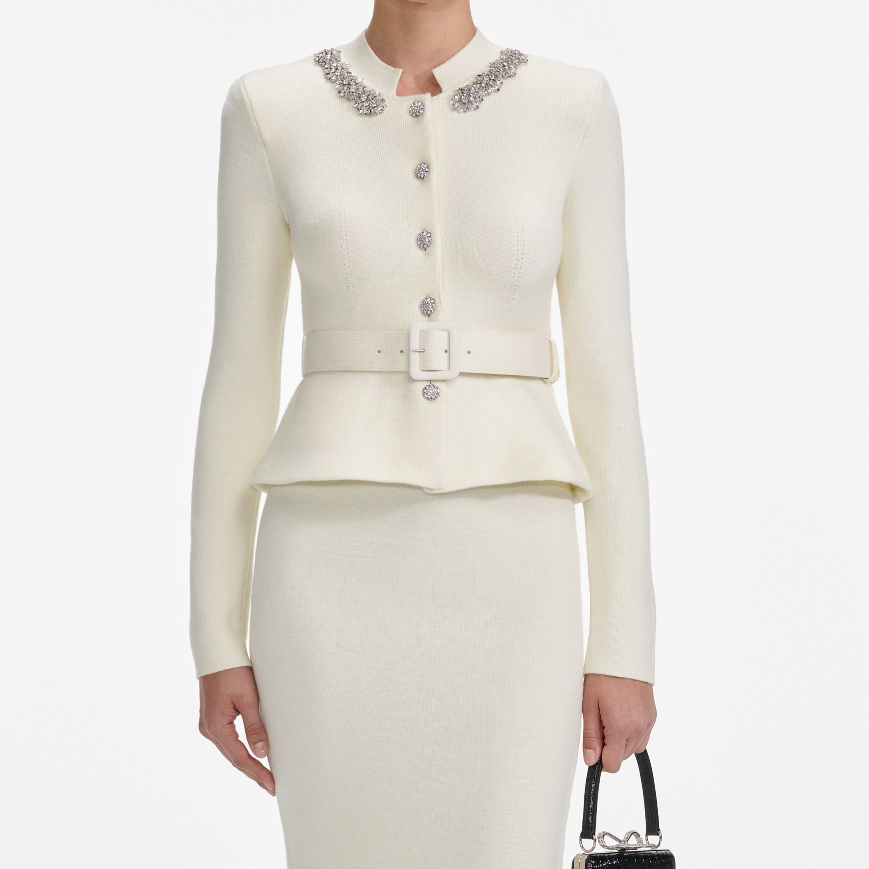 Cream Wool Peplum Knit Midi Dress - 4