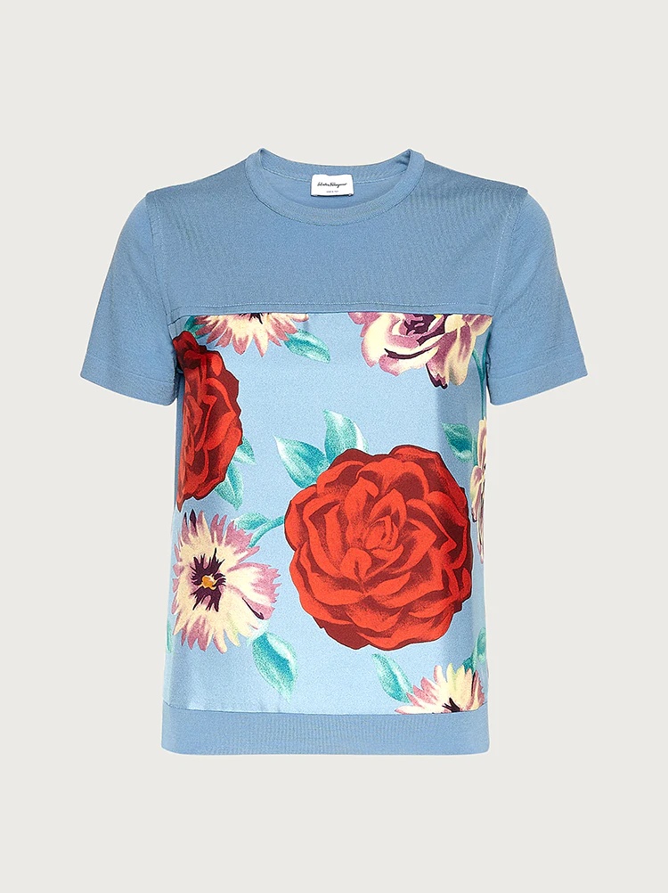 SHORT SLEEVED TOP WITH SILK INLAYS - 1