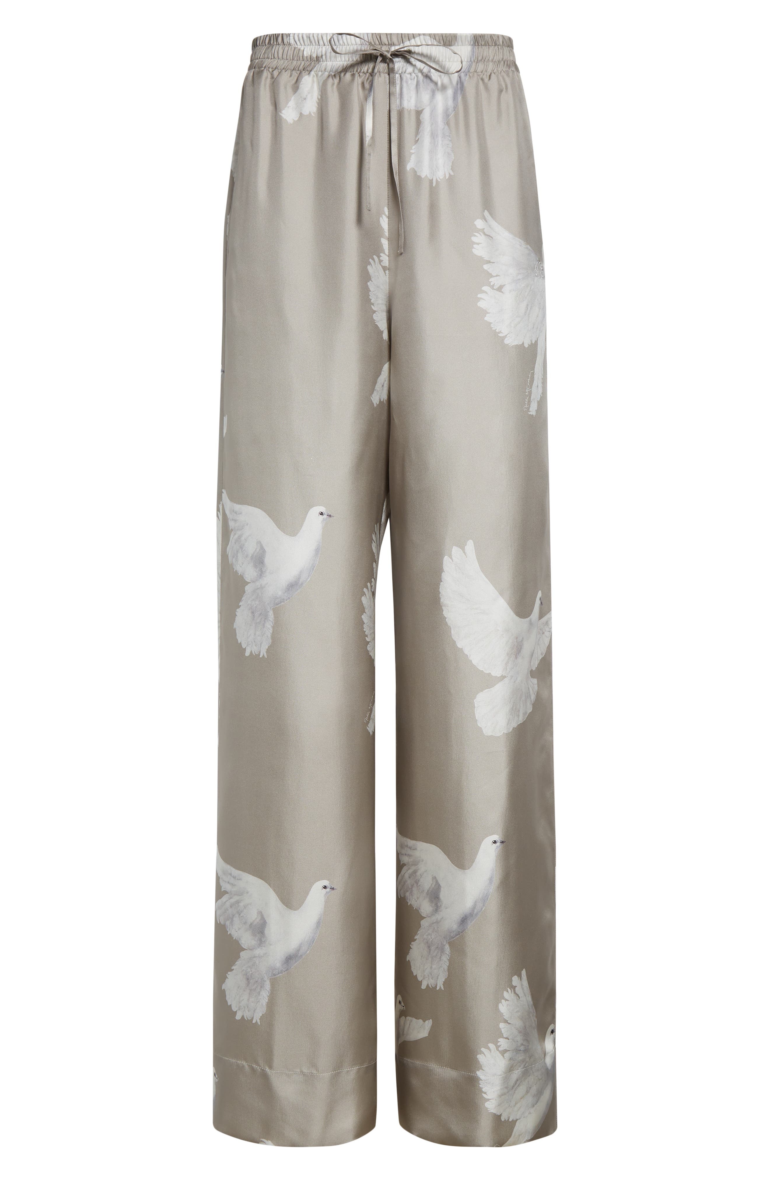 Stella McCartney Birds Print Silk Satin Pants in Mud at Nordstrom - 6