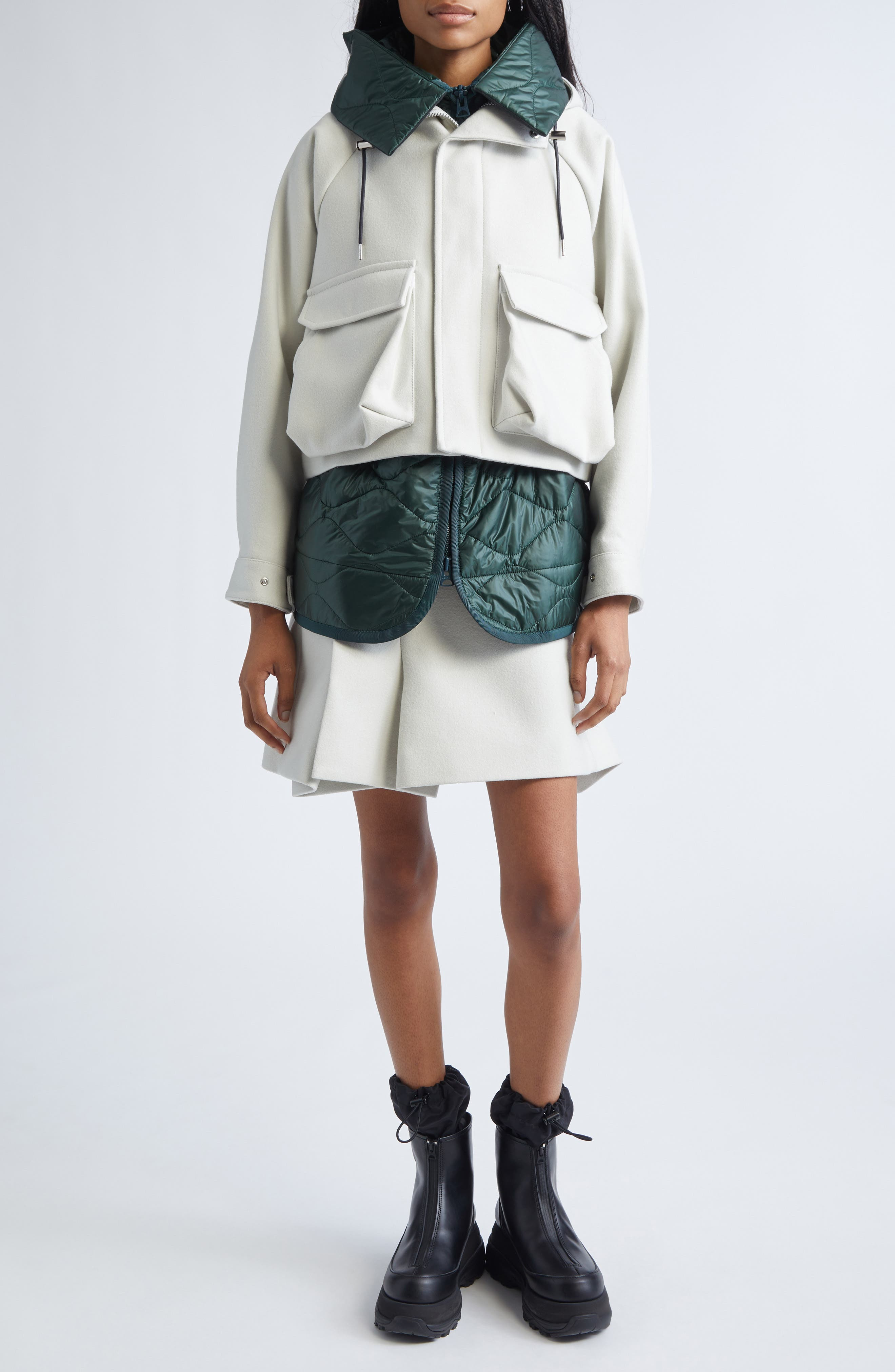 Sacai Mixed Media Blouson Jacket in Ecru/Green at Nordstrom - 2