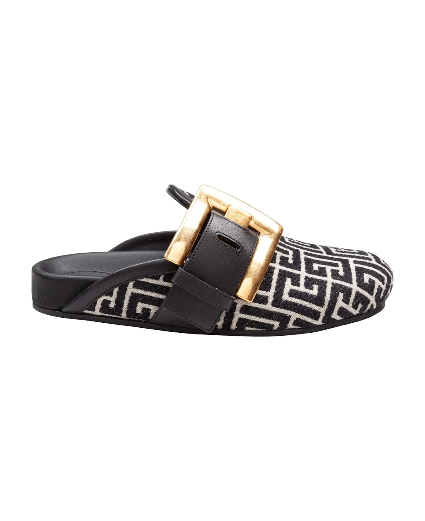 Balmain Flat Mule In Jacquard Canvas Black And Ivory - 1