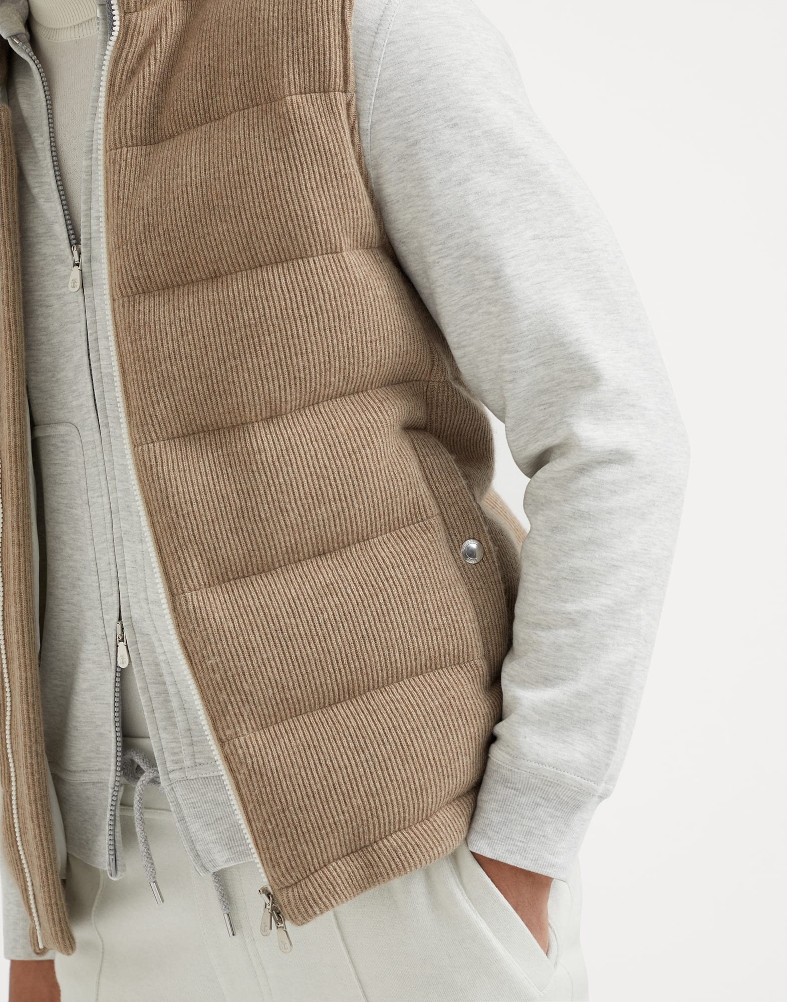 Cashmere English rib knit down vest with packable hood - 3